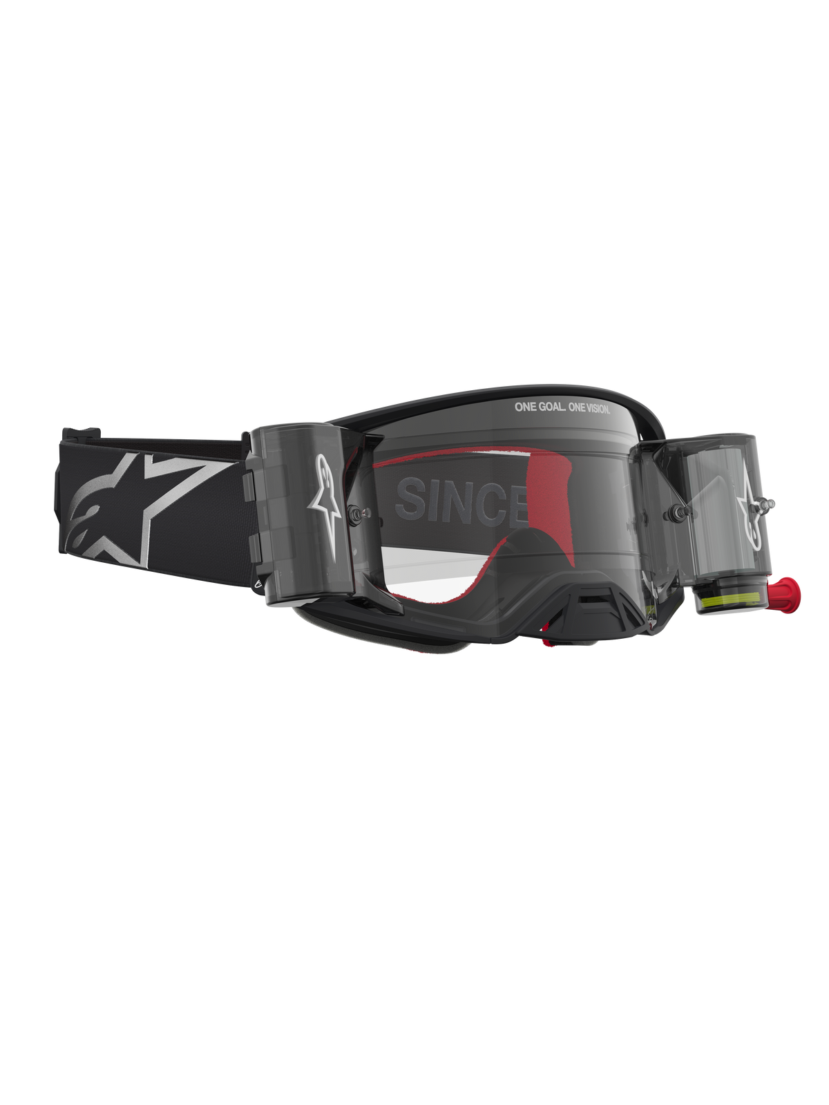 Alpinestars Maschere Supertech Firma Roll Off, maschere da motocross, nero e argento, con sistema roll-off integrato e lente trasparente, cinturino nero con logo Alpinestars, attrezzatura professionale per fuoristrada.
