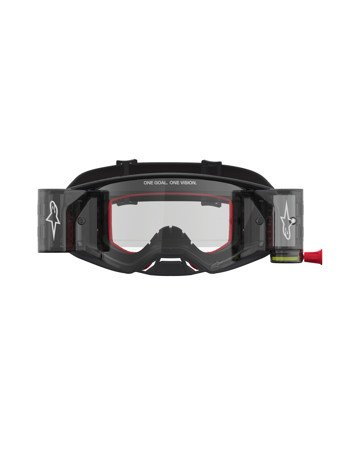 Alpinestars maschere Supertech Firma Roll Off, maschere da motocross racing nere e argento con dettagli rossi, lente trasparente con sistema roll off