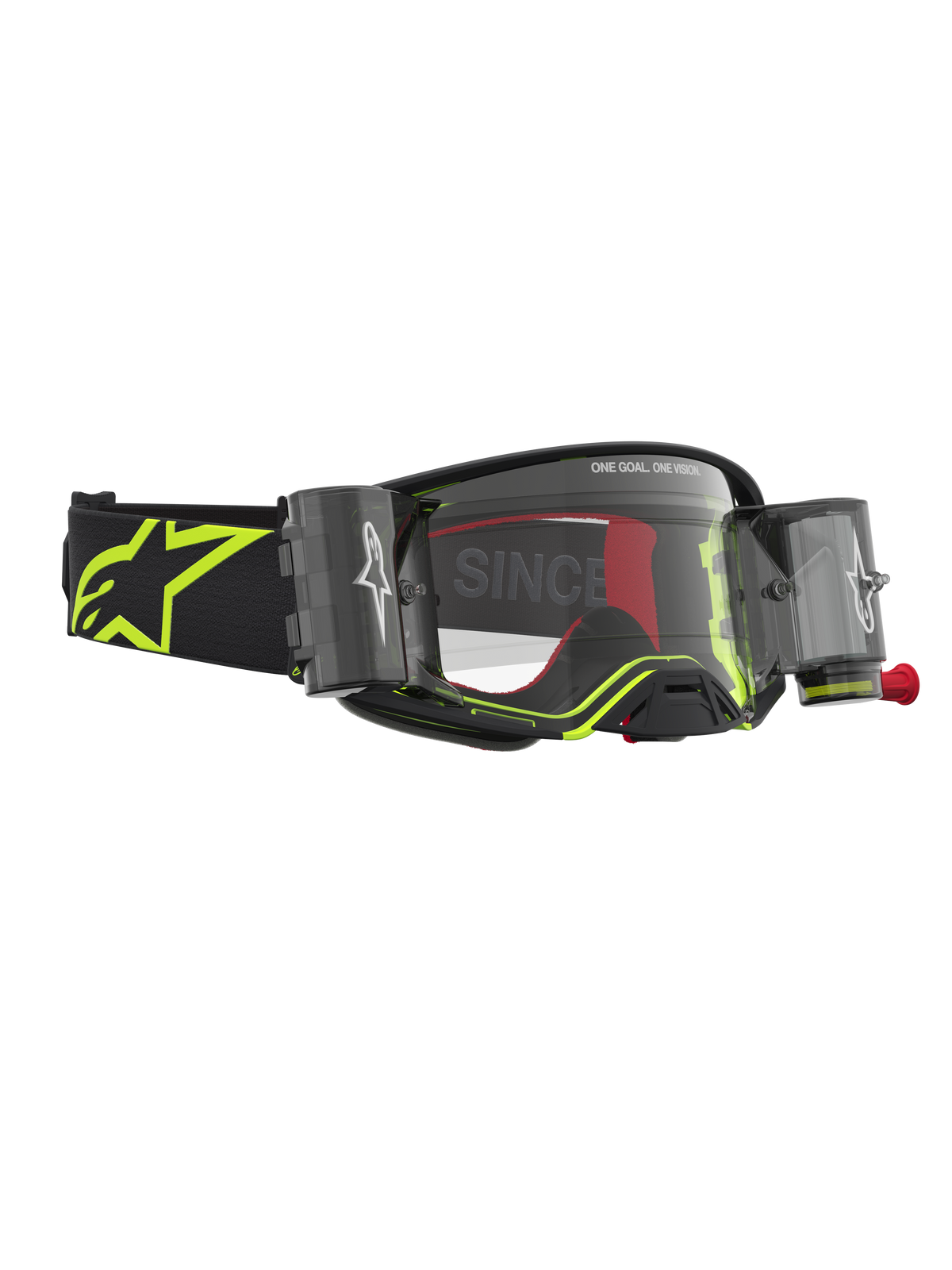 Alpinestars Maschere Supertech Firma Roll Off, maschere motocross racing, nero e giallo fluo, sistema roll-off e lente trasparente, cinturino con logo Astars fluo.