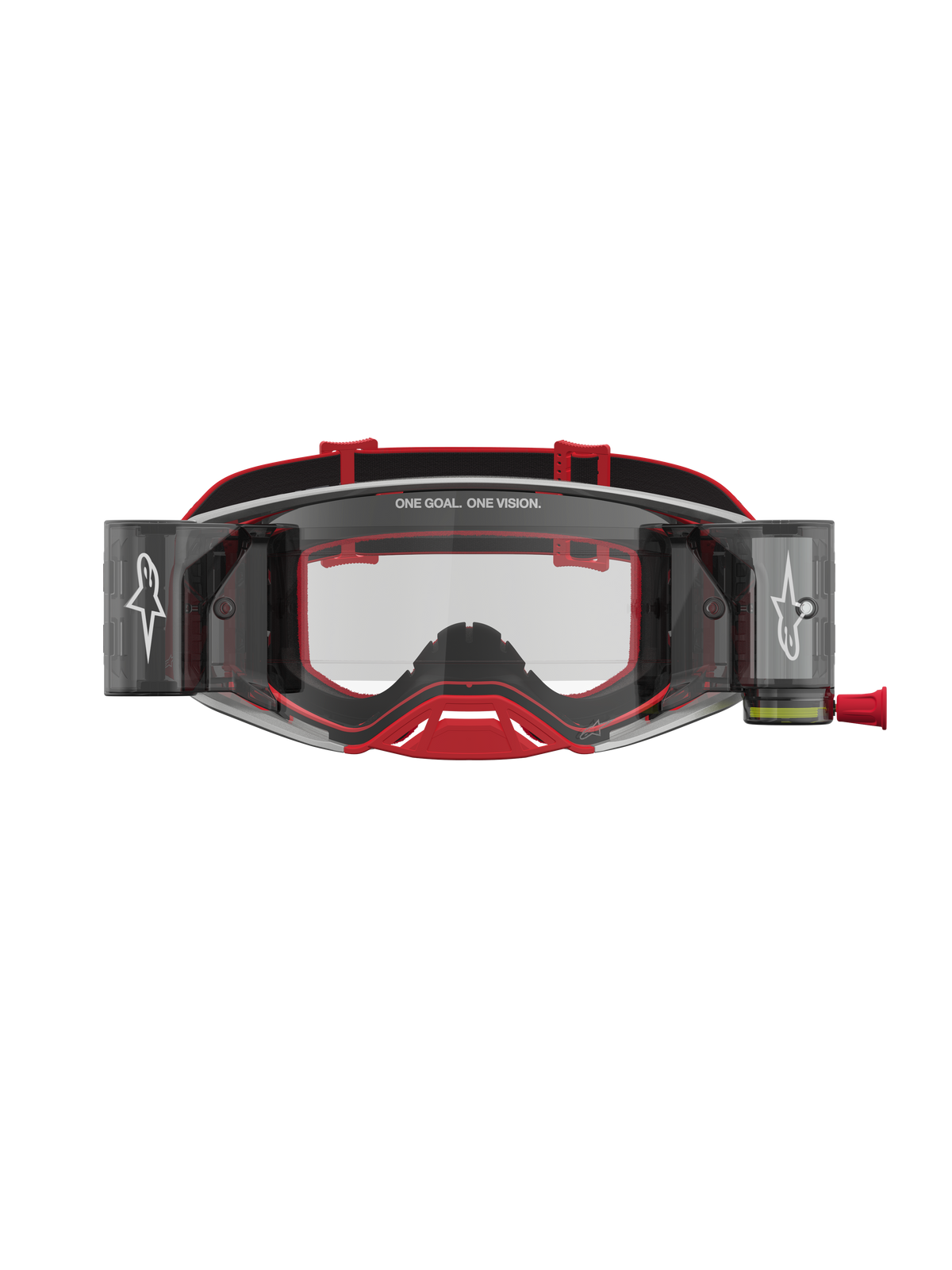 Alpinestars Maschere Supertech Firma Roll Off, maschere da motocross rosse e argento con lenti trasparenti e sistema roll-off.