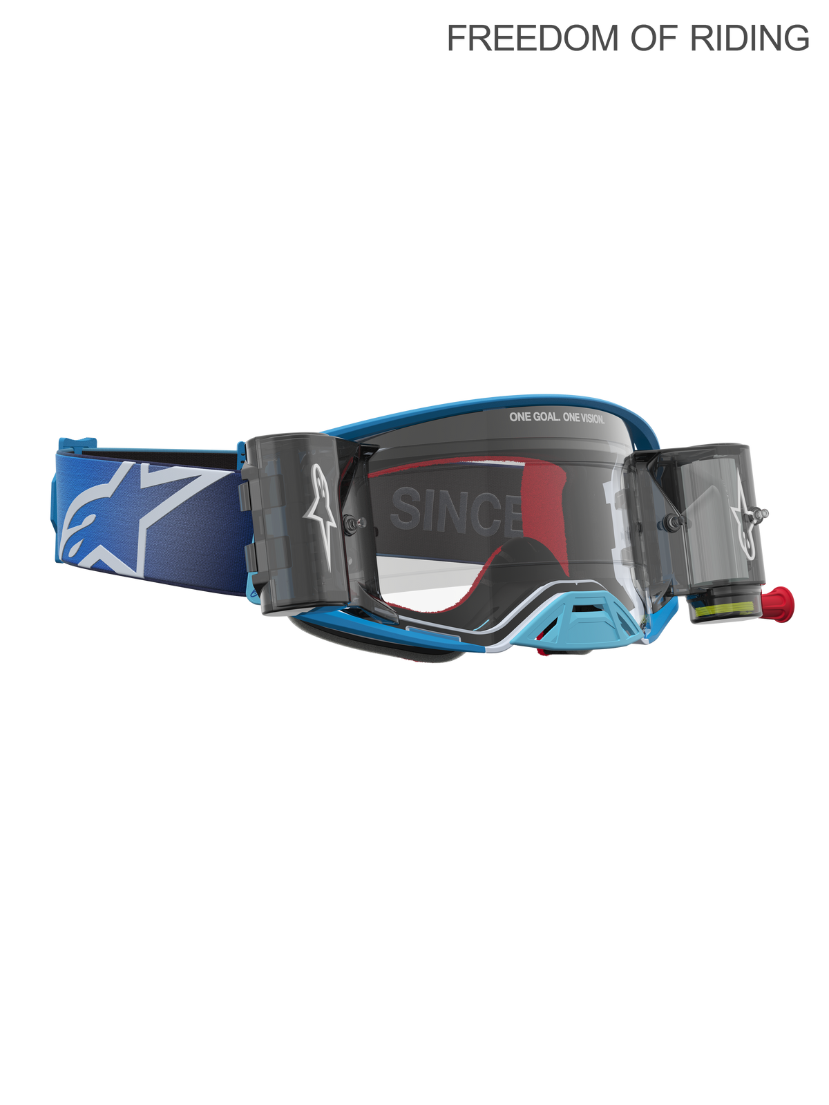 Alpinestars Maschere Supertech Firma Roll Off, maschere da motocross e racing off-road, blu e argento, lenti trasparenti, sistema roll-off integrato per fango e polvere, cinturino elastico con logo Alpinestars.