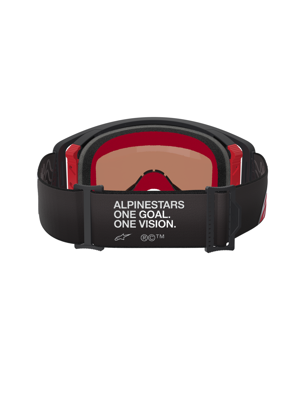 Alpinestars Supertech Corp Goggles Absolute Vision, vista posteriore, nero e rosso, con scritta bianca 'ALPINESTARS ONE GOAL. ONE VISION.' su ampia fascia nera, accenti rossi sulla montatura interna, maschera professionale da motocross