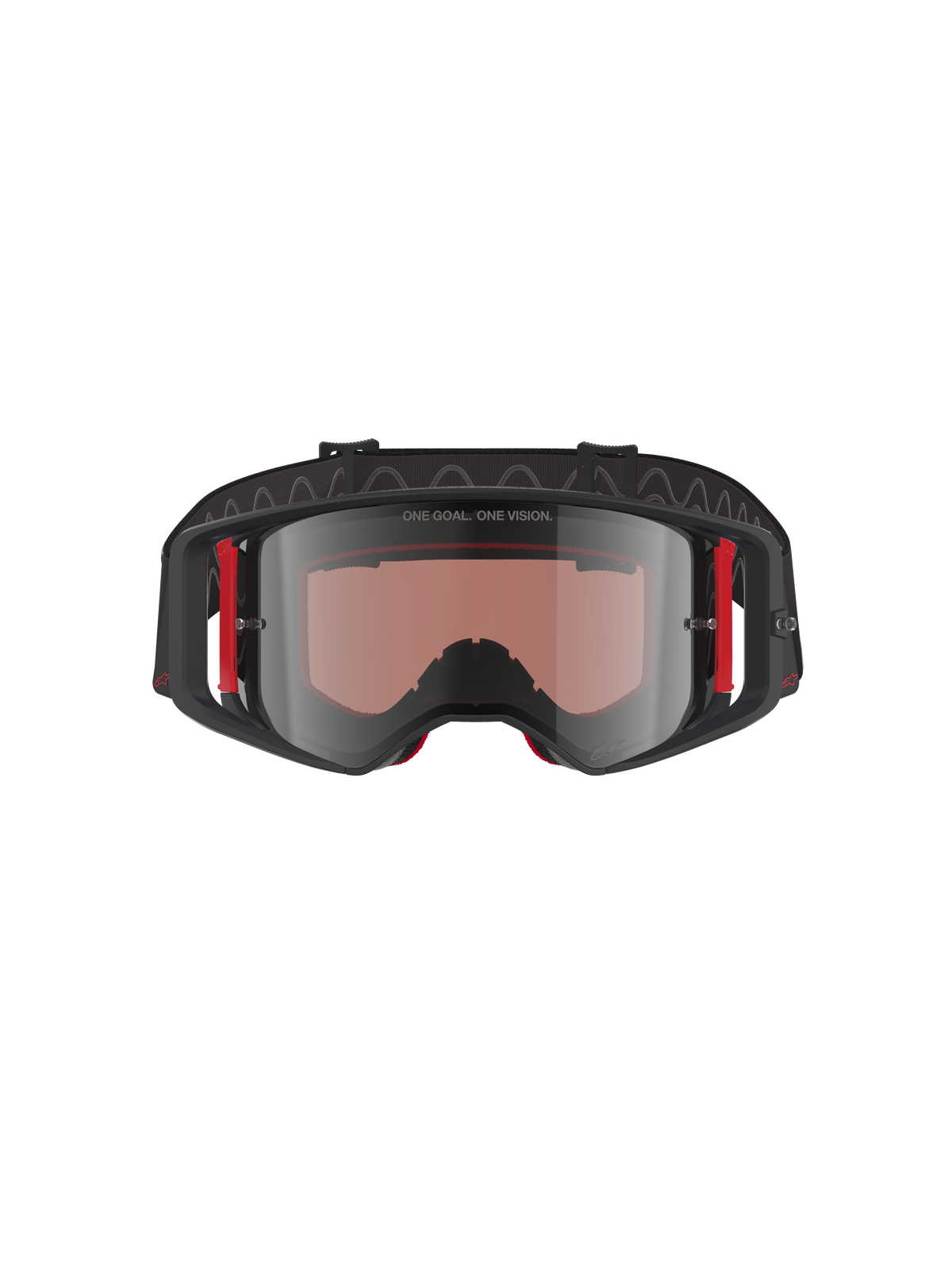 Maschera Alpinestars Supertech Corp Absolute Vision, maschera da motocross, montatura nera e rossa con lente Mirror Silver, caratterizzata dalla scritta 'ONE GOAL. ONE VISION.' sulla parte superiore e accenti laterali rossi, protezione oculare professionale per il motocross