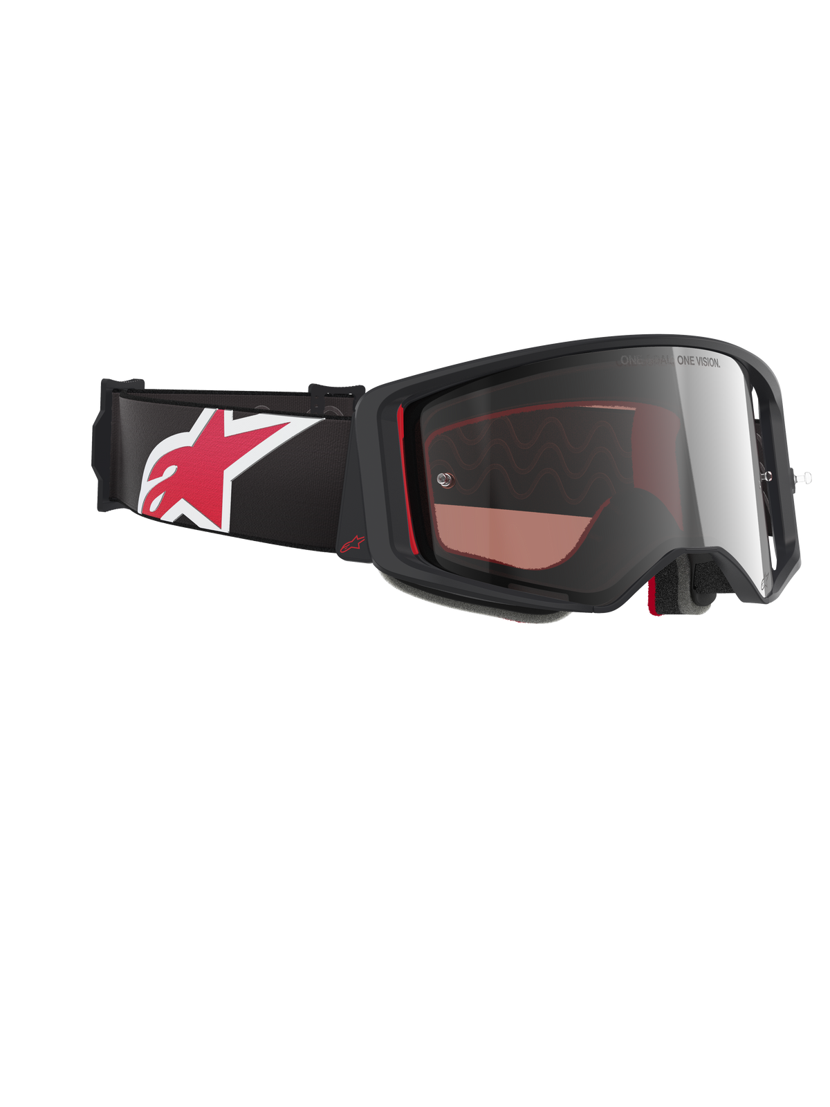 Alpinestars Supertech Corp Goggles Absolute Vision, occhiali da motocross, nero e rosso con lente Mirror Silver, profilo angolato che mostra la fascia nera con grande logo a stella rosso e bianco, design della montatura aerodinamico per prestazioni off-road
