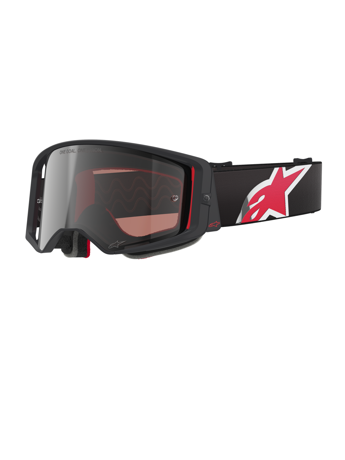 Alpinestars Supertech Corp Goggles Absolute Vision, occhiali da motocross, nero e rosso con lente argento a specchio, con scritte "ONE GOAL. ONE VISION.", cinturino nero con grande logo a stella rosso e bianco, design della montatura angolare con imbottitura in schiuma, protezione per gli occhi premium per fuoristrada