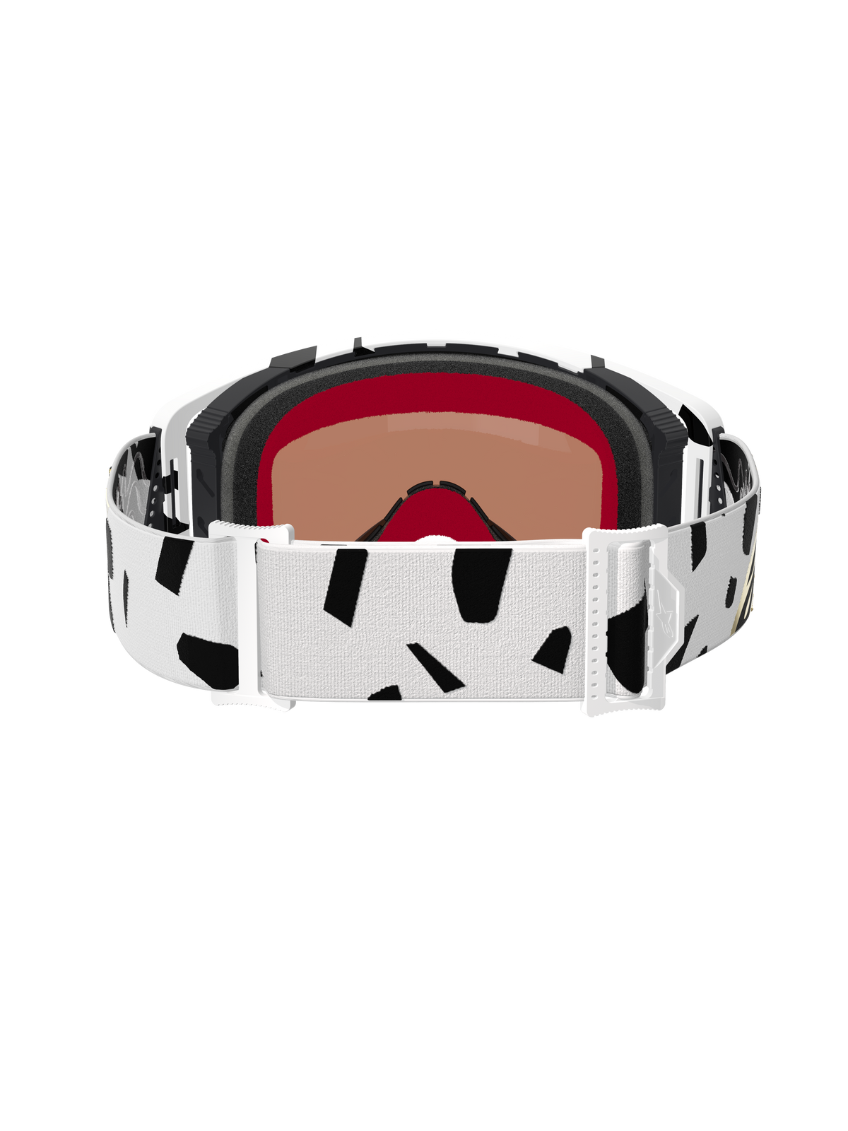 Vista posteriore della maschera Alpinestars Supertech Corp Absolute Vision, White Gold Mirror Gold, con fascia bianca a motivi astratti neri, fibbie di regolazione bianche e schiuma facciale multistrato per motocross e competizioni off-road.