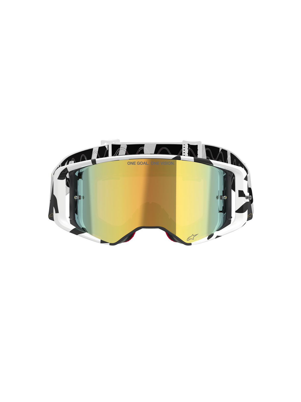 Alpinestars Supertech Corp Goggles Absolute Vision, occhiali da motocross, bianco e oro a specchio, con montatura e fascia con grafica bianca e nera, lente specchiata oro con scritta 'ONE GOAL. ONE VISION.', occhiali per fuoristrada ad alte prestazioni