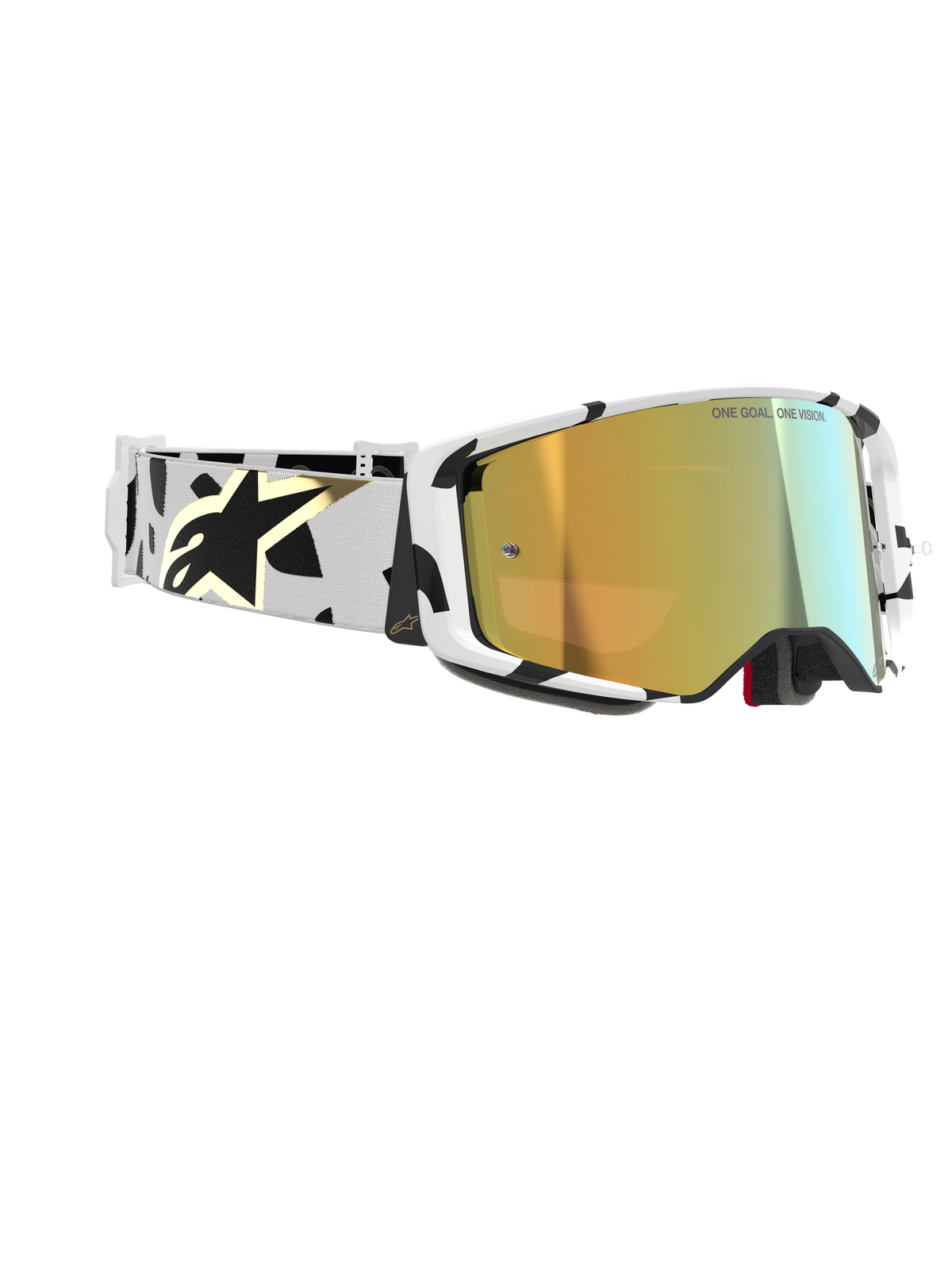 Alpinestars Supertech Corp Goggles Absolute Vision, maschera da motocross, montatura bianca con motivi grafici neri, lente Gold Mirror, fascia bianca e nera con logo Alpinestars oro, protezione oculare ad alte prestazioni per competizioni.