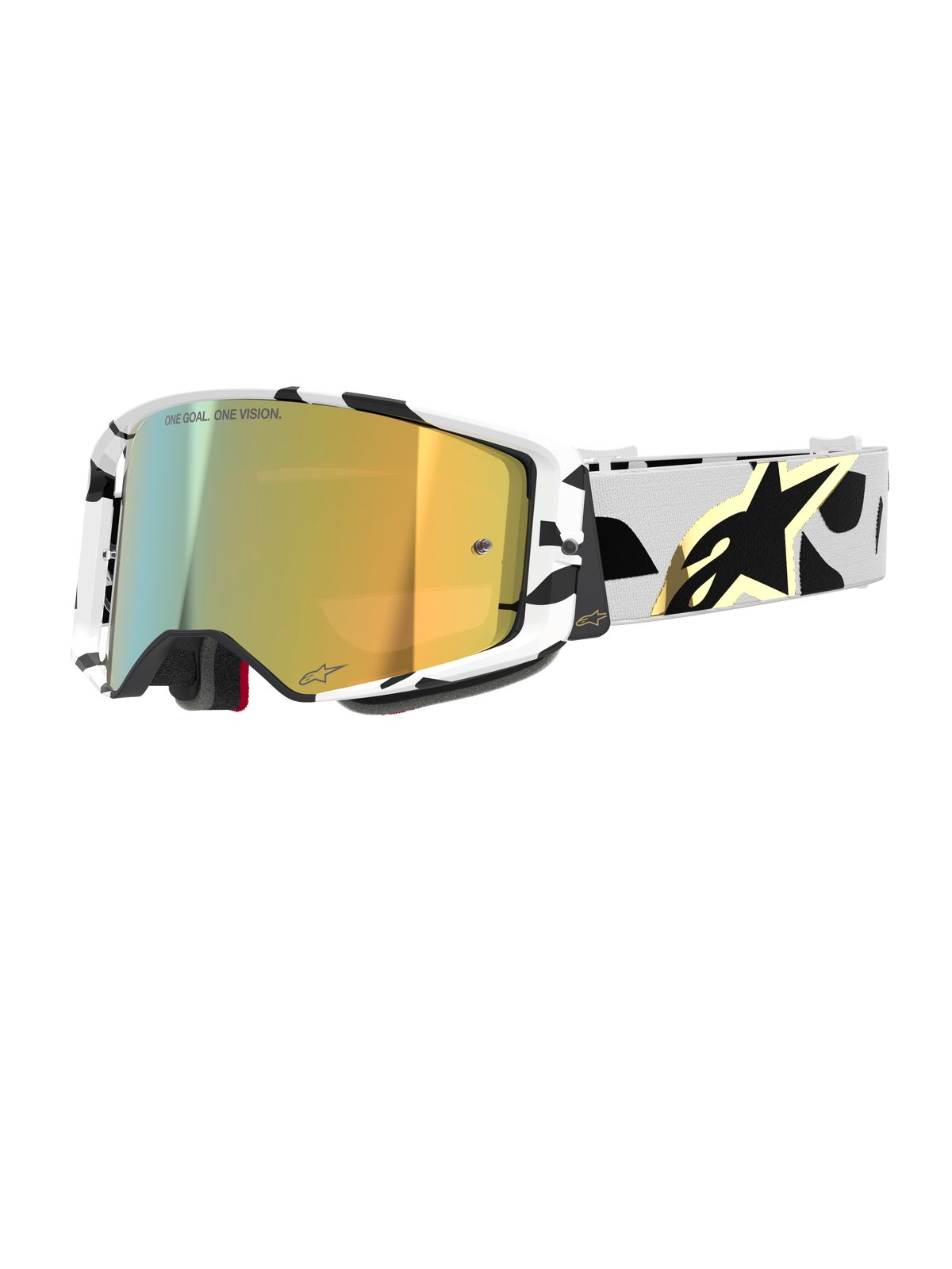 Alpinestars Supertech Corp Goggles Absolute Vision, occhiali da motocross, montatura con motivo bianco e nero e lente a specchio dorata, ampio cinturino con design astratto nero e logo Alpinestars dorato, marchio "ONE GOAL. ONE VISION." sulla lente, equipaggiamento da gara ad alte prestazioni