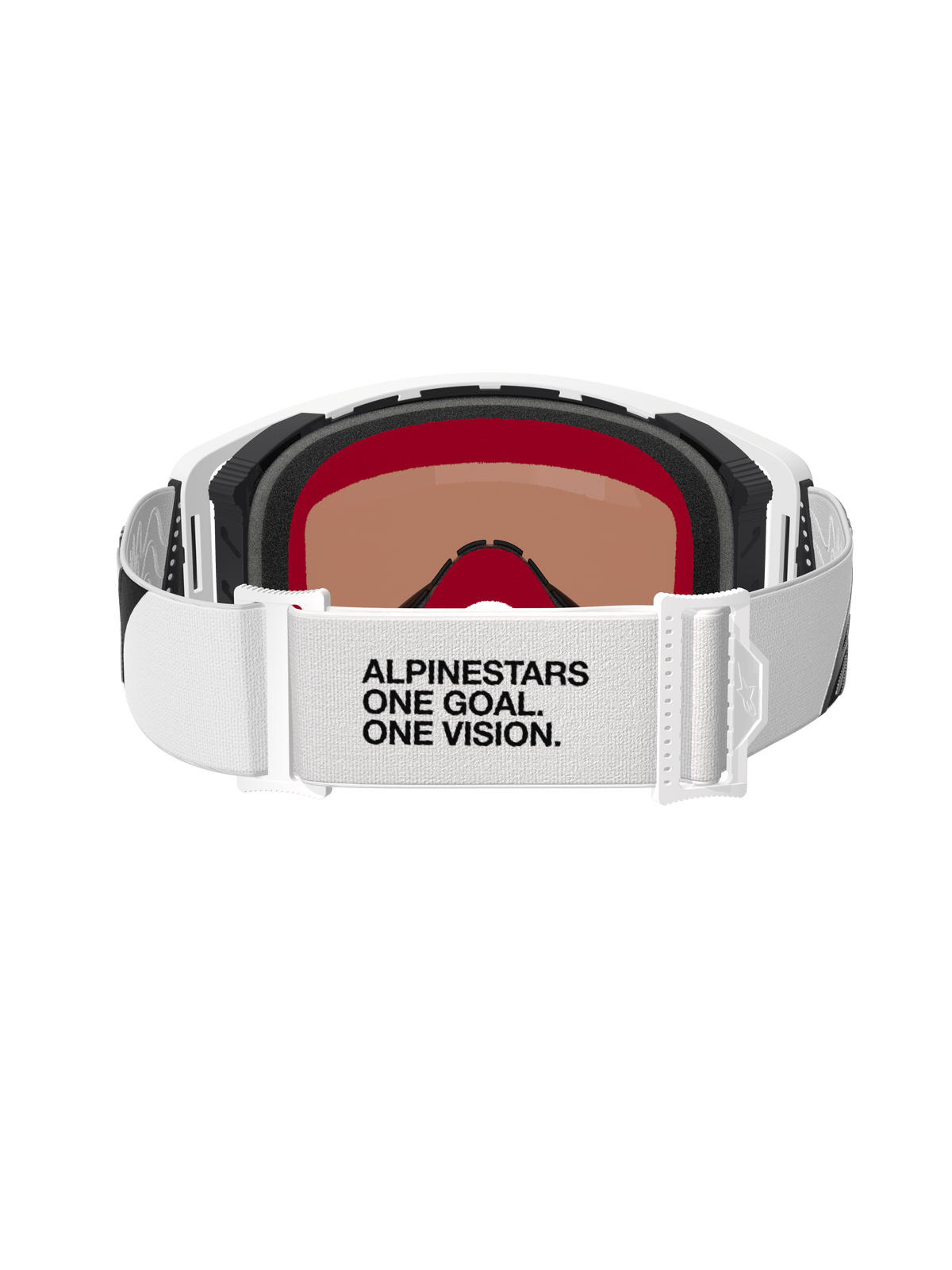 Alpinestars Supertech Corp Goggles Absolute Vision, occhiali da motocross, bianco e argento specchiato, vista posteriore con cinturino bianco e testo 'ALPINESTARS ONE GOAL. ONE VISION.', schiuma facciale multistrato e design della montatura bianco elegante