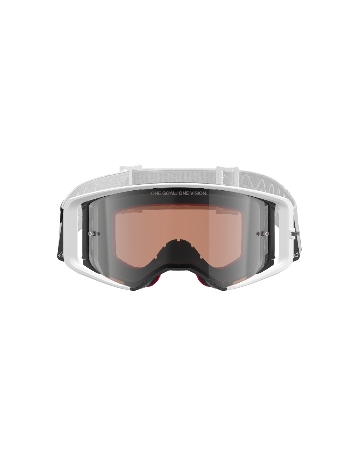 Alpinestars Supertech Corp Goggles Absolute Vision, occhiali da motocross, bianco e argento specchiato, vista frontale con montatura bianca e lente argento specchiata con scritta "ONE GOAL. ONE VISION.", fascia bianca regolabile con logo Alpinestars, occhiali protettivi ad alte prestazioni per corse fuoristrada
