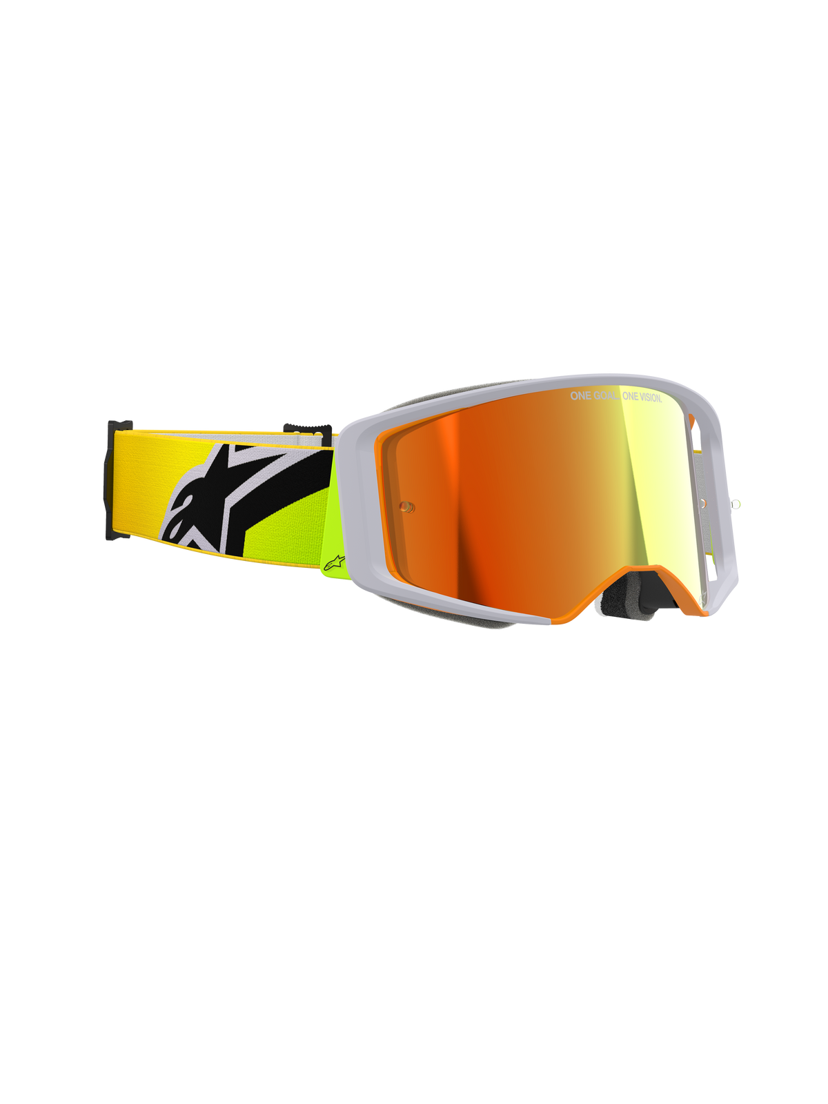 Occhiali Alpinestars Supertech Corp Absolute Vision, maschera da motocross, giallo fluo e grigio, lente rossa a specchio, vista laterale con ampia visione periferica e fascia giallo fluo con logo Alpinestars nero, attrezzatura professionale per gare off-road.