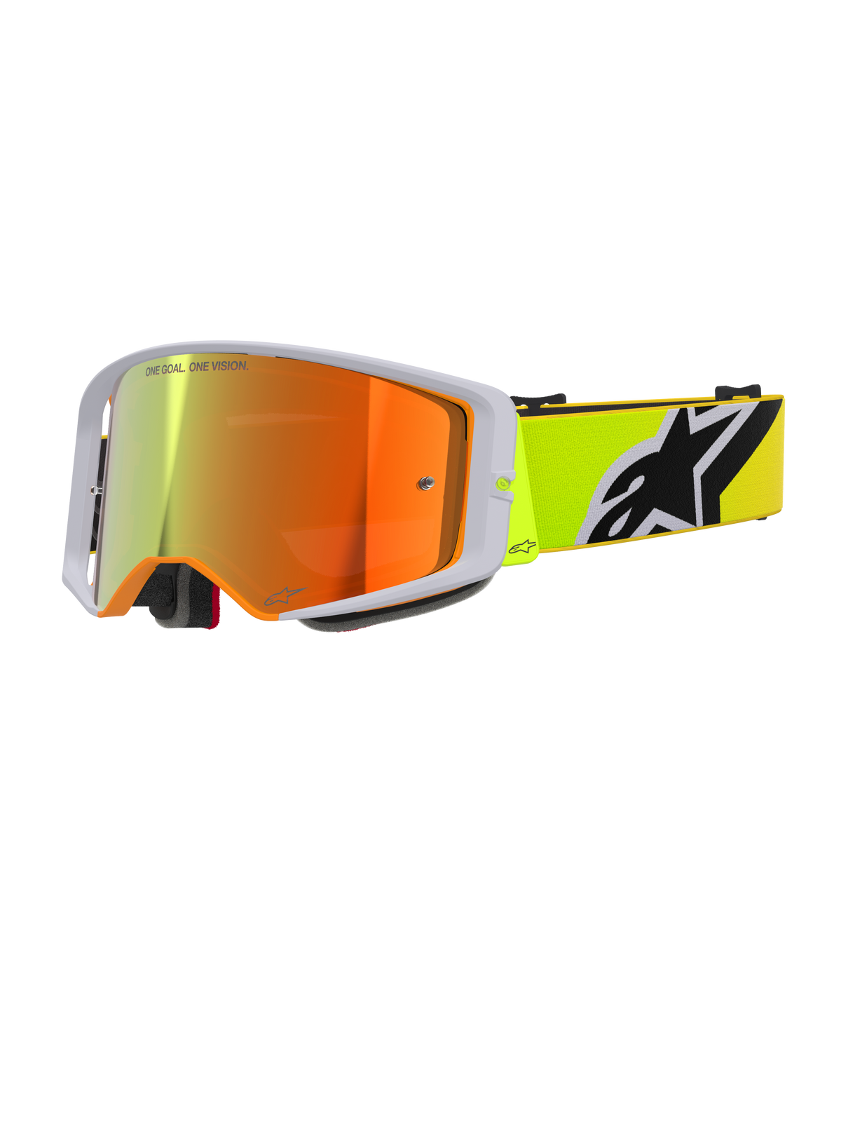 Alpinestars Supertech Corp Goggles Absolute Vision, occhiali da motocross, giallo fluo e grigio, lente rossa a specchio con scritta 'One Goal. One Vision.', fascia giallo fluorescente con logo Alpinestars nero e bianco, occhiali da fuoristrada ad alte prestazioni