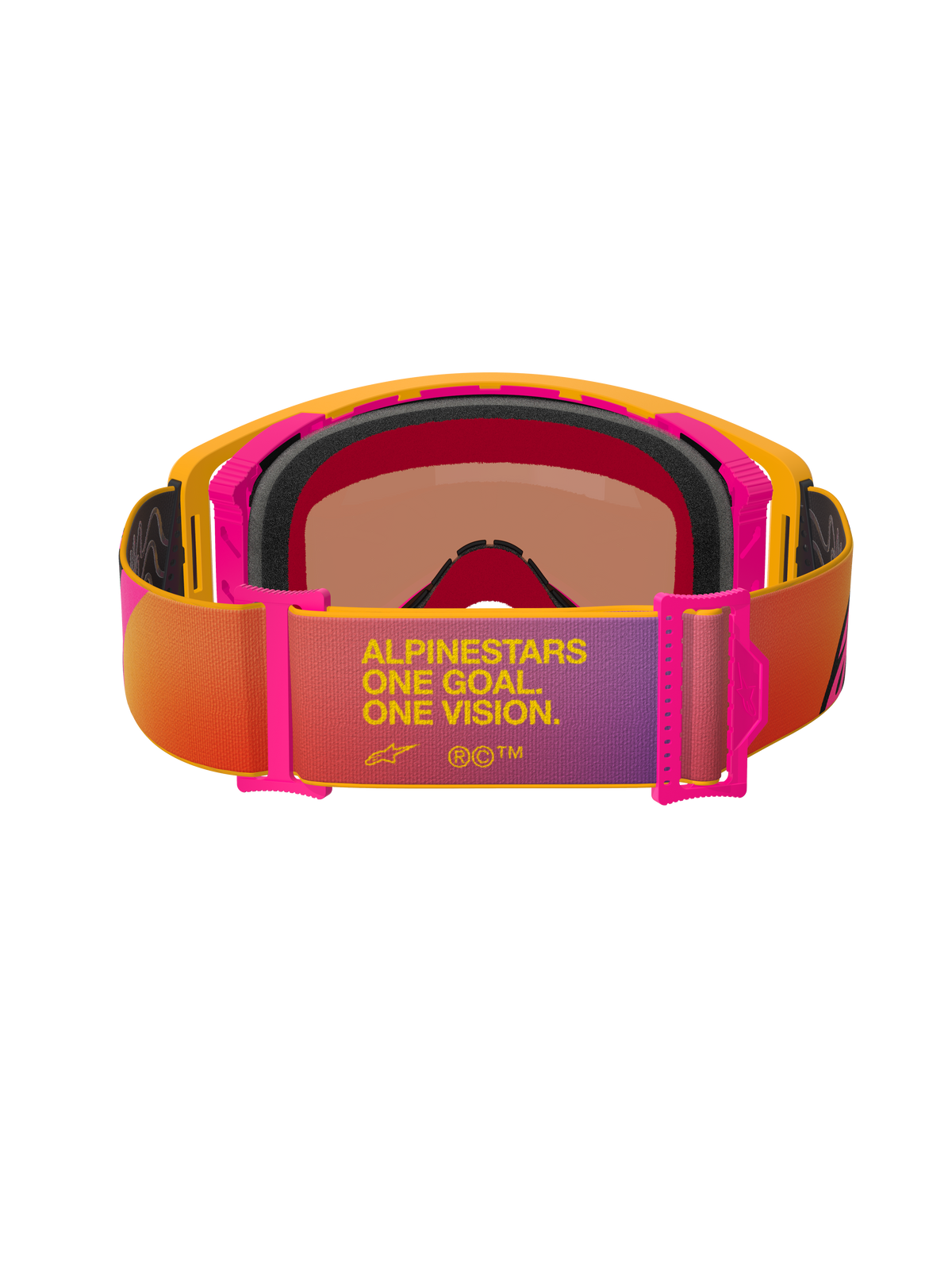 Alpinestars Supertech Corp Goggles Absolute Vision, maschere da motocross, montatura gialla e rosa con fascia sfumata multicolore, vista posteriore con schiuma facciale multistrato nera e testo 'ALPINESTARS ONE GOAL. ONE VISION.', protezione per gli occhi off-road ad alte prestazioni