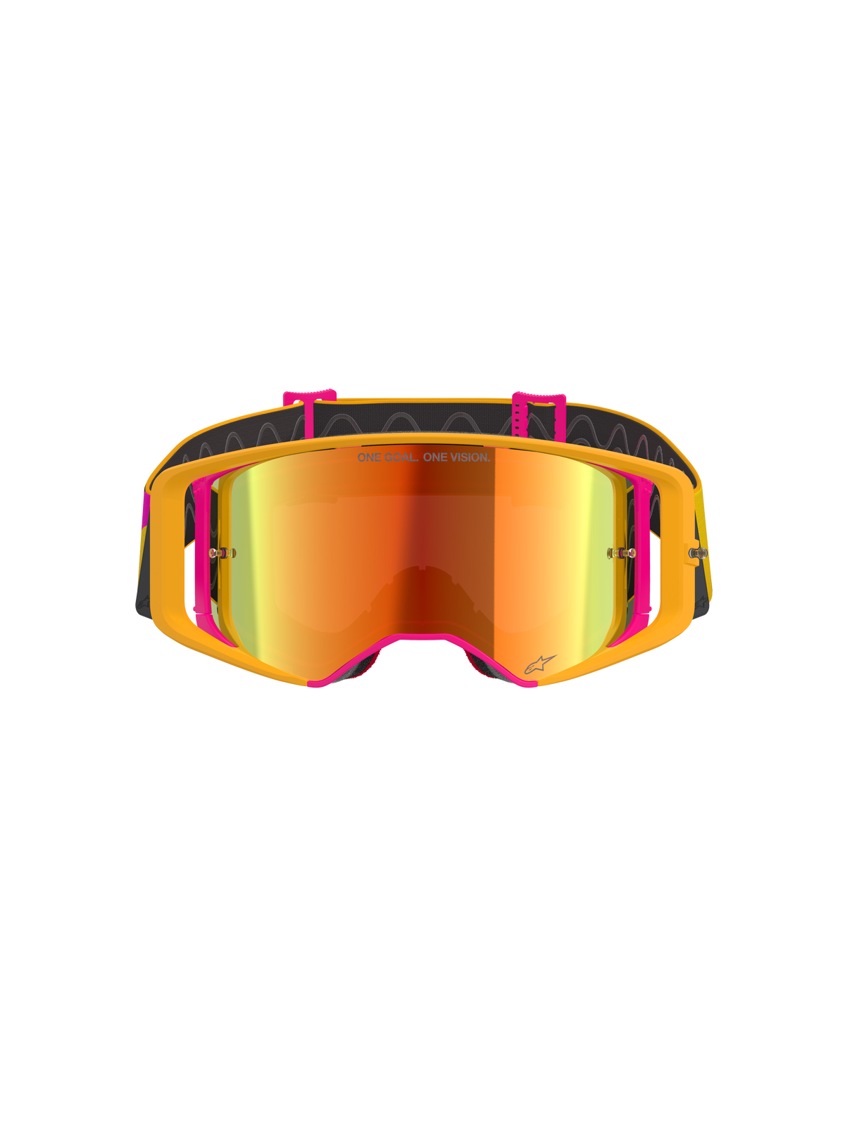 Maschera Alpinestars Supertech Corp Absolute Vision, maschera da motocross, montatura gialla e rosa con lente a specchio rossa, vista frontale, con scritta 'ONE GOAL. ONE VISION.' sulla lente, fascia nera regolabile con inserti in silicone