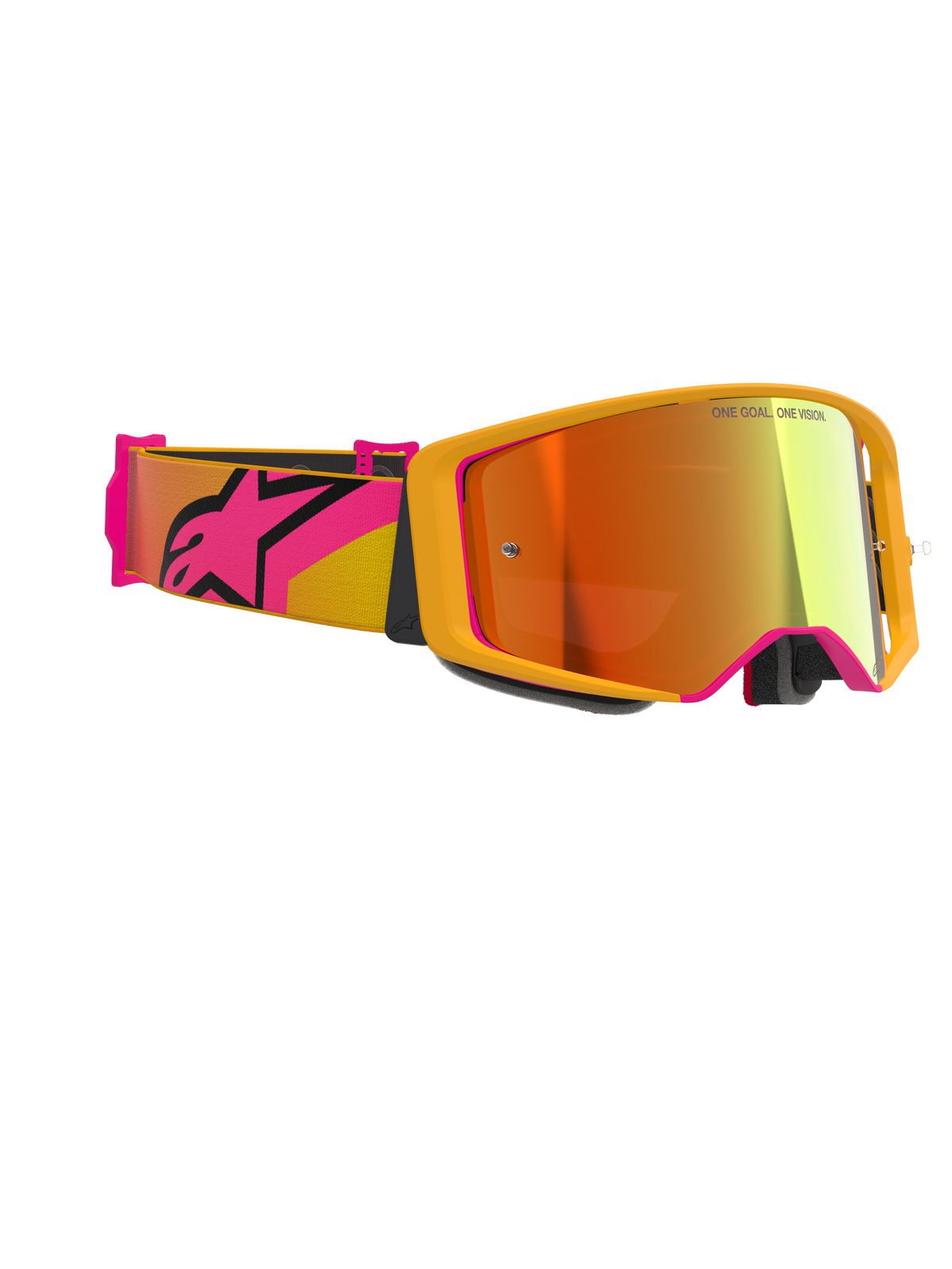 Maschere Alpinestars Supertech Corp Absolute Vision, maschere da motocross, giallo con accenti rosa e lente Mirror Red, caratterizzate da un'ampia fascia rosa e gialla con un grande logo Alpinestars, 'ONE GOAL. ONE VISION.' stampato sulla lente, occhiali da corsa ad alte prestazioni per uso fuoristrada