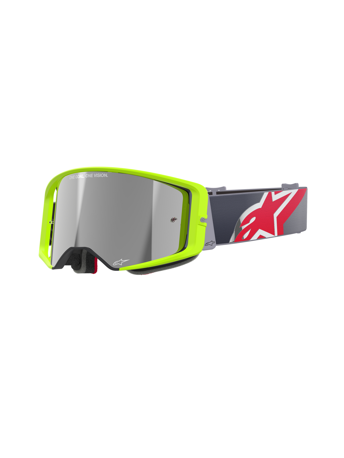 Alpinestars Supertech Corp Goggles Absolute Vision, occhiali da motocross MX, montatura giallo fluo con lente a specchio argento, cinturino grigio con grande logo a stella rosso e bianco, branding 'ONE GOAL. ONE VISION.' sulla lente, design resistente per corse fuoristrada