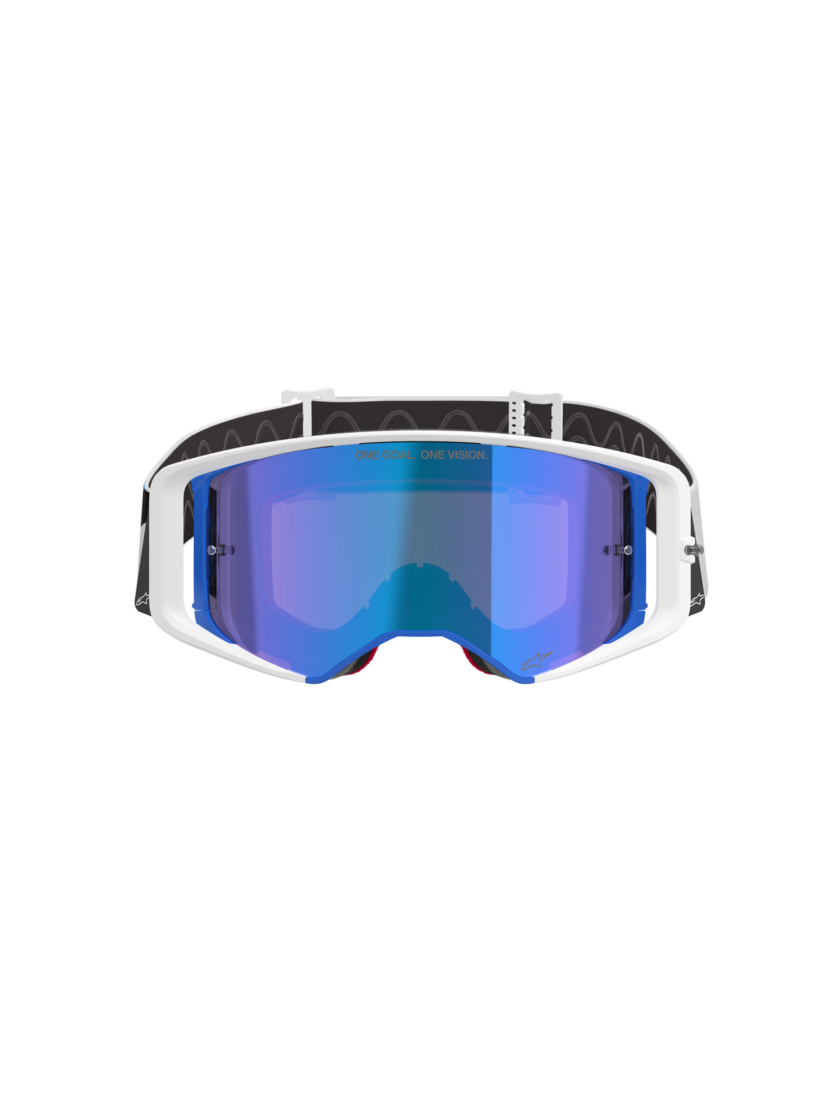 Alpinestars Supertech Corp Goggles Absolute Vision, occhiali da motocross, montatura bianca e blu con lente blu a specchio, con scritta 'ONE GOAL. ONE VISION.' sulla lente, fascia regolabile bianca e nera, occhiali ad alte prestazioni per gare fuoristrada