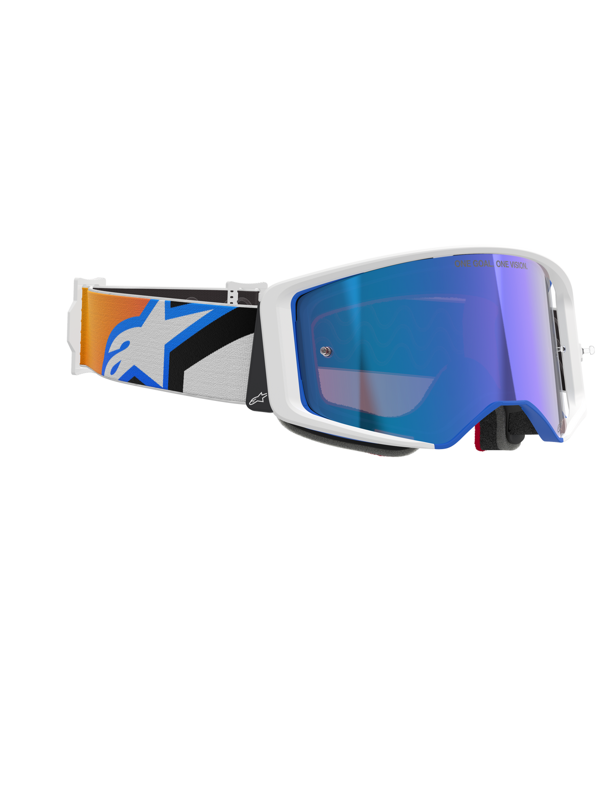 Alpinestars Supertech Corp Goggles Absolute Vision, maschere da motocross, montatura bianca con lente a specchio blu, fascia regolabile con design grafico blu e arancione e logo Alpinestars, occhiali professionali da fuoristrada