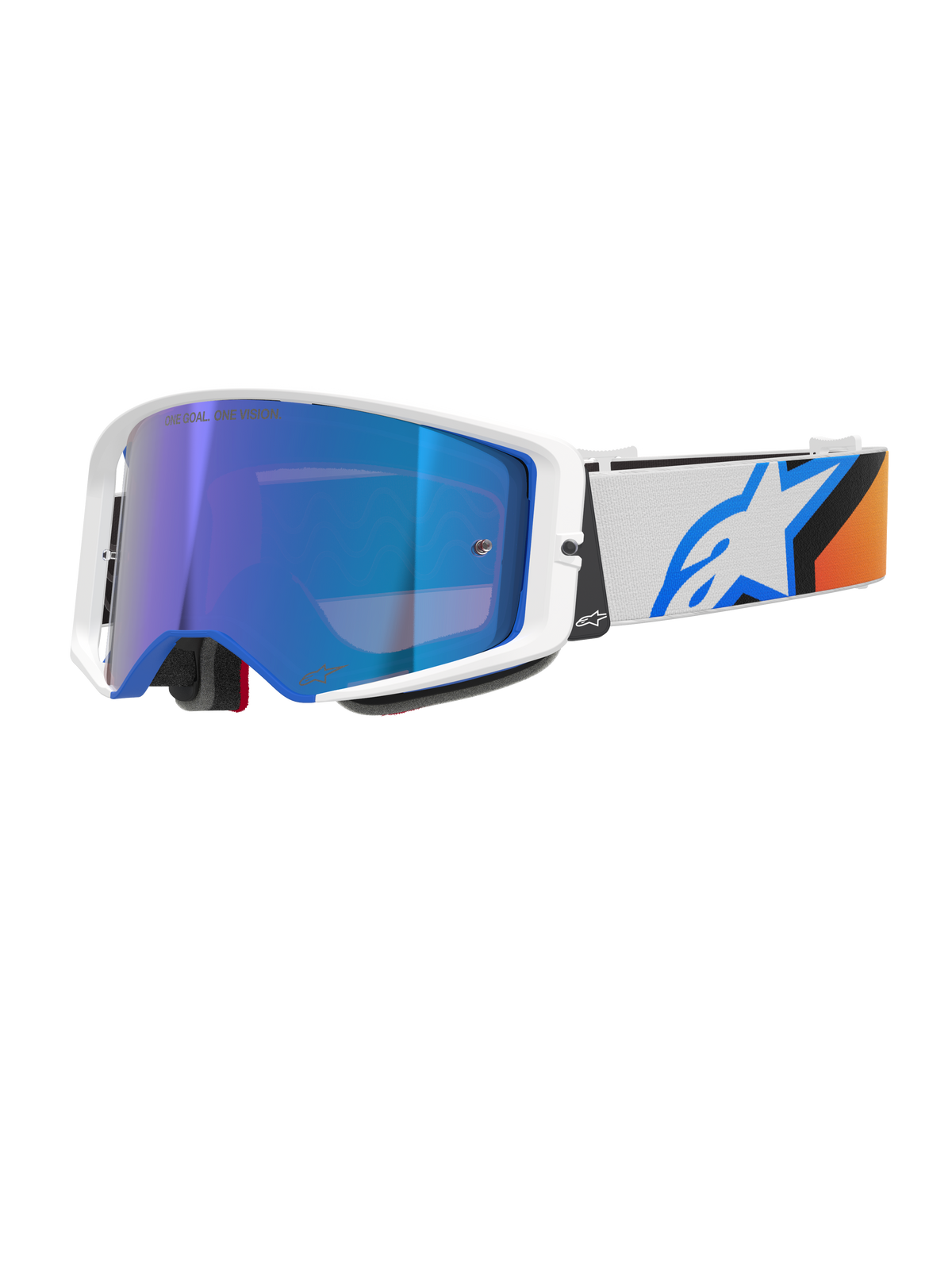 Maschere Alpinestars Supertech Corp Absolute Vision, maschere da motocross, blu e arancione con lente blu specchiata, montatura bianca e blu, ampio cinturino bianco con logo a stella blu e accenti arancioni, protezione oculare ad alte prestazioni per il fuoristrada