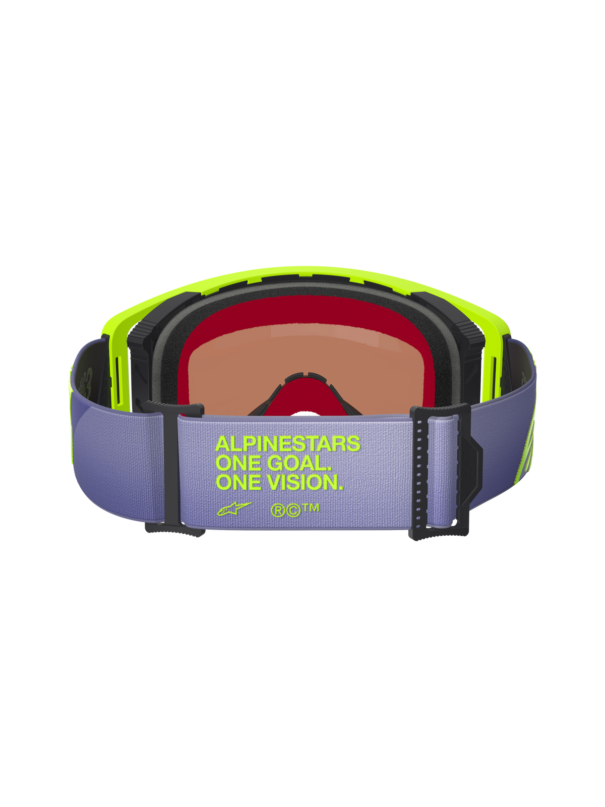 Alpinestars Supertech Vision Corp Goggles, vista posteriore, cinturino viola chiaro con scritta giallo neon 'ALPINESTARS ONE GOAL. ONE VISION.', montatura giallo neon, schiuma facciale multistrato nera e lente oscurata per motocross e gare off-road