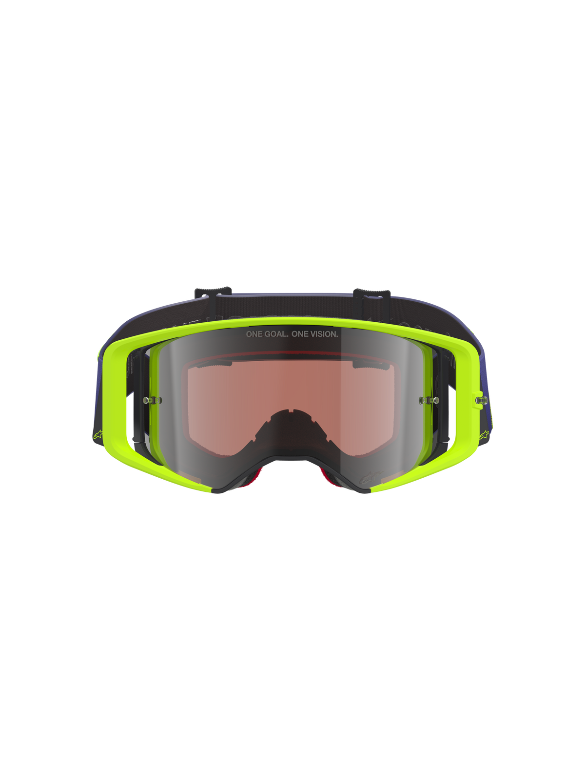 Alpinestars Supertech Vision Corp Goggles, maschere da motocross, montatura giallo fluo con fascia viola, lente specchiata argento con scritta 'ONE GOAL. ONE VISION.', protezione oculare ad alte prestazioni per gare fuoristrada