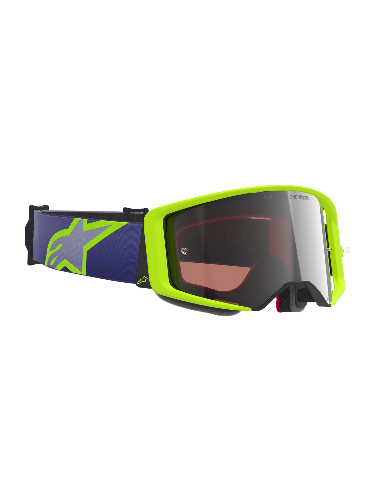 Alpinestars Supertech Vision Corp Goggles, maschera da motocross, giallo fluorescente e viola, lente argento specchiata, fascia elastica viola con logo Astars giallo lime, protezione oculare specializzata per gare di motocross e fuoristrada