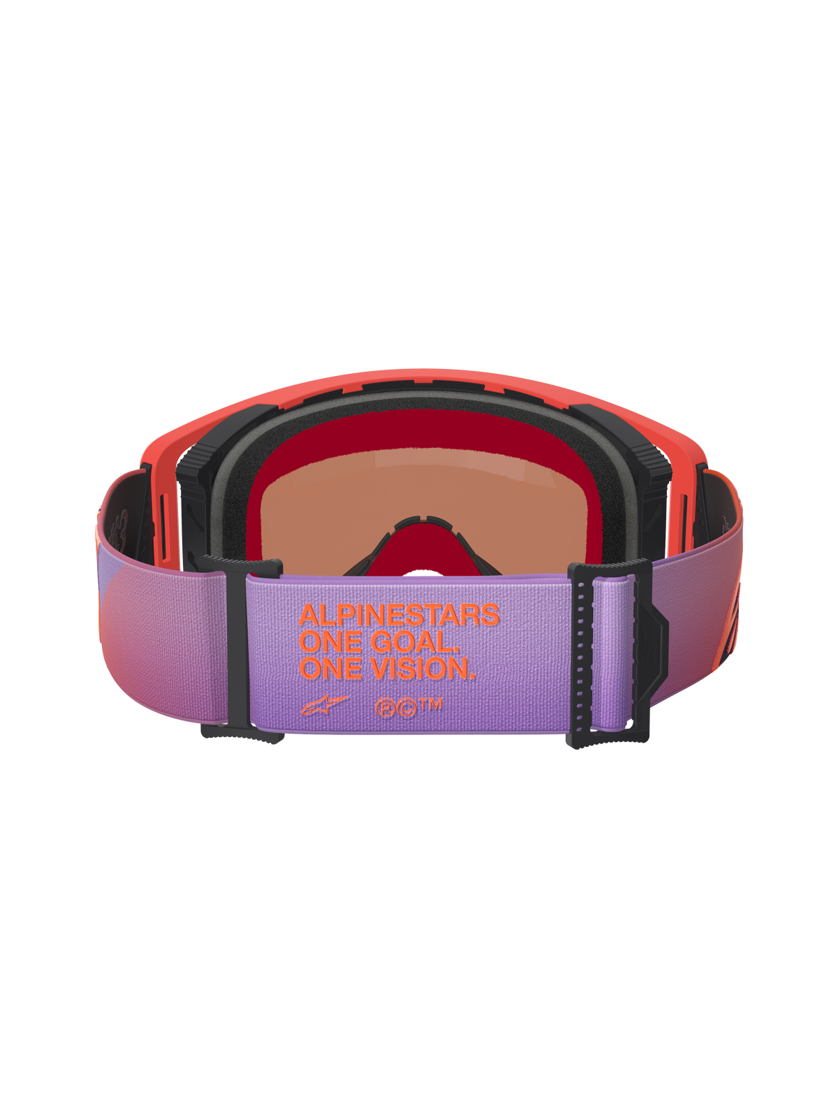 Alpinestars Supertech Vision Corp Goggles, maschere da motocross, vista posteriore con cinturino regolabile viola e branding arancione 'ALPINESTARS ONE GOAL ONE VISION', montatura hot coral con schiuma nera, occhiali ad alte prestazioni per corse fuoristrada