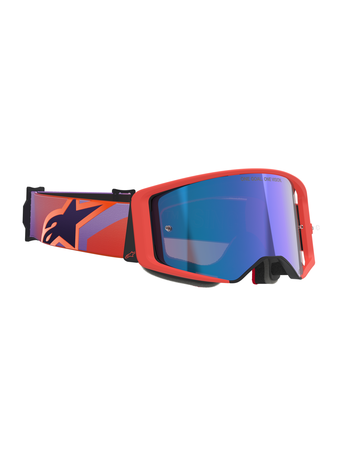 Maschere Alpinestars Supertech Vision Corp, maschere da motocross, montatura Hot Coral e lente Mirror Blue, con fascia a motivi viola e corallo e logo a stella blu scuro, design collaudato nei campionati per corse off-road