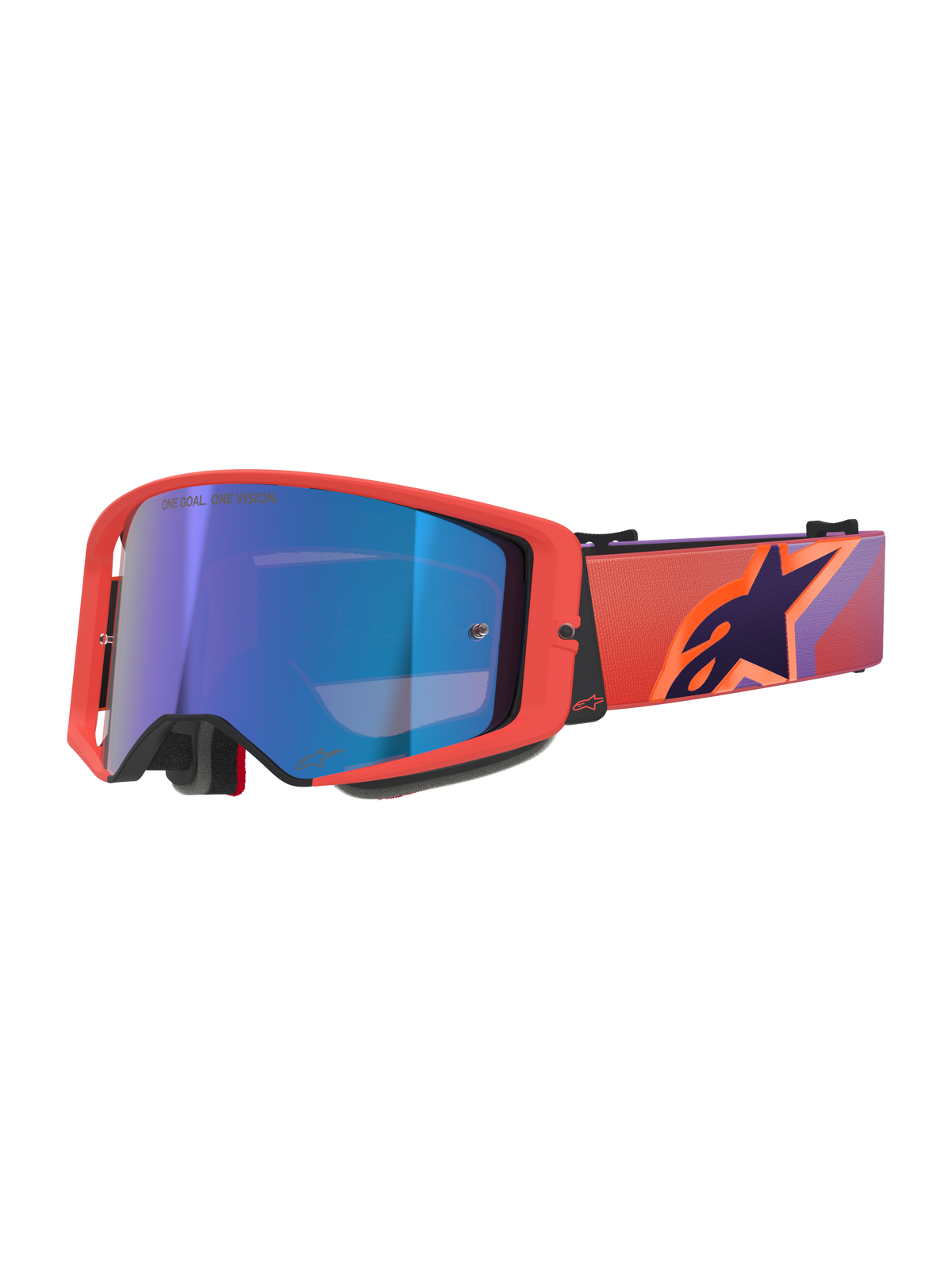 Alpinestars Supertech Vision Corp Goggles, maschere da motocross, montatura Hot Coral con lente a specchio blu, fascia con motivo viola e arancione e logo Alpinestars, occhiali ad alte prestazioni per il fuoristrada