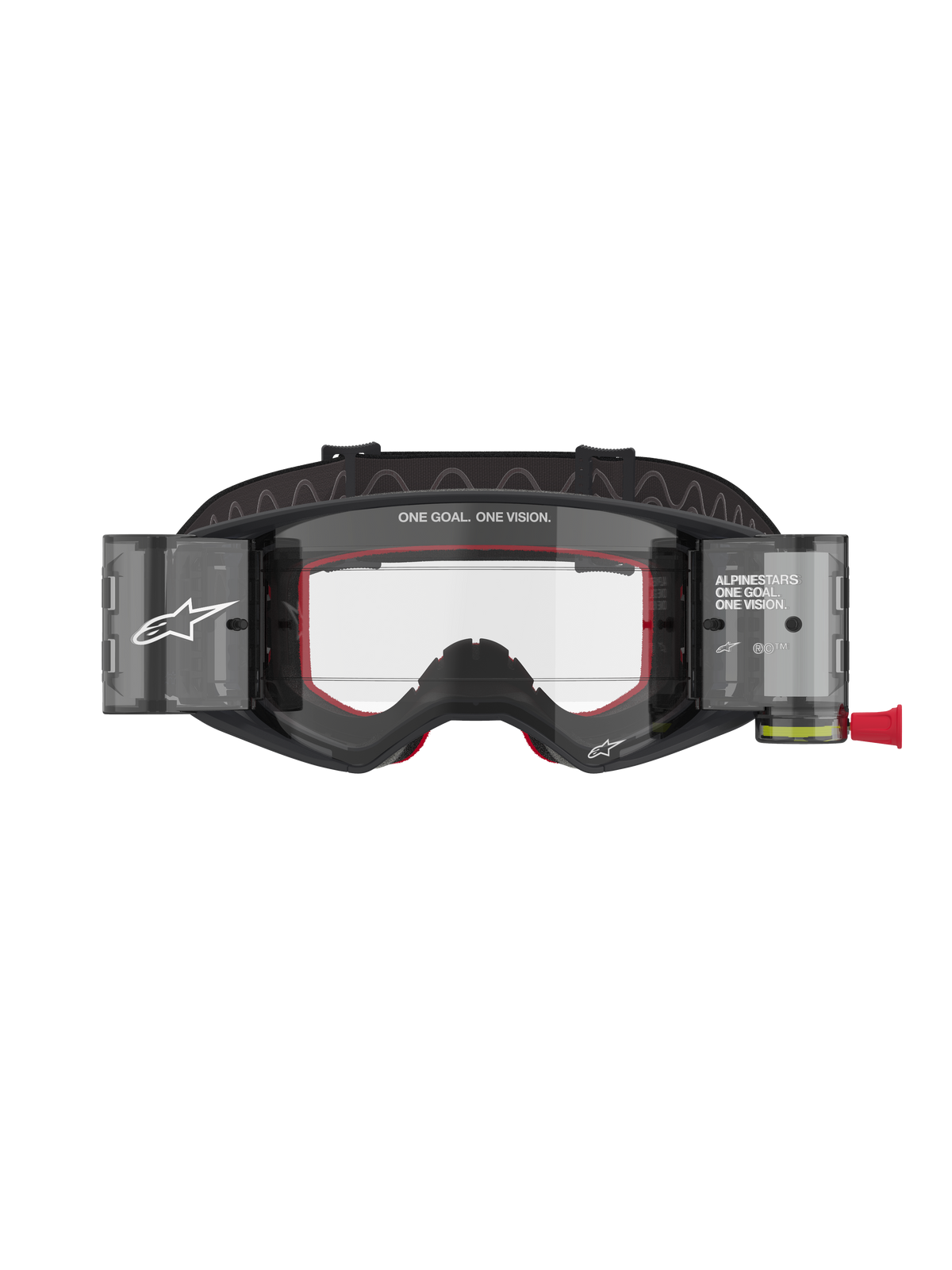 Alpinestars Supertech Corp Goggles Roll Off, maschere da motocross e MTB, nero e grigio con imbottitura interna rossa, lente trasparente con sistema Wide Vision Roll-Off, branding "ONE GOAL. ONE VISION.", protezione tecnica per gli occhi off-road con design moderno e angolare