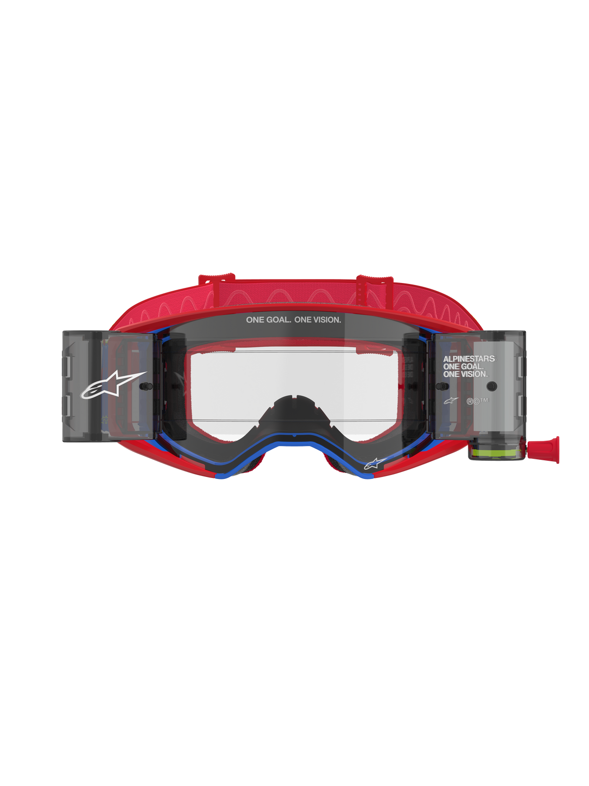 Alpinestars Supertech Corp Goggles Roll Off, maschere da motocross, rosso e blu, lente trasparente stampata a iniezione con contenitori roll-off integrati e pellicola, fascia rossa con motivo, protezione oculare professionale per gare fuoristrada
