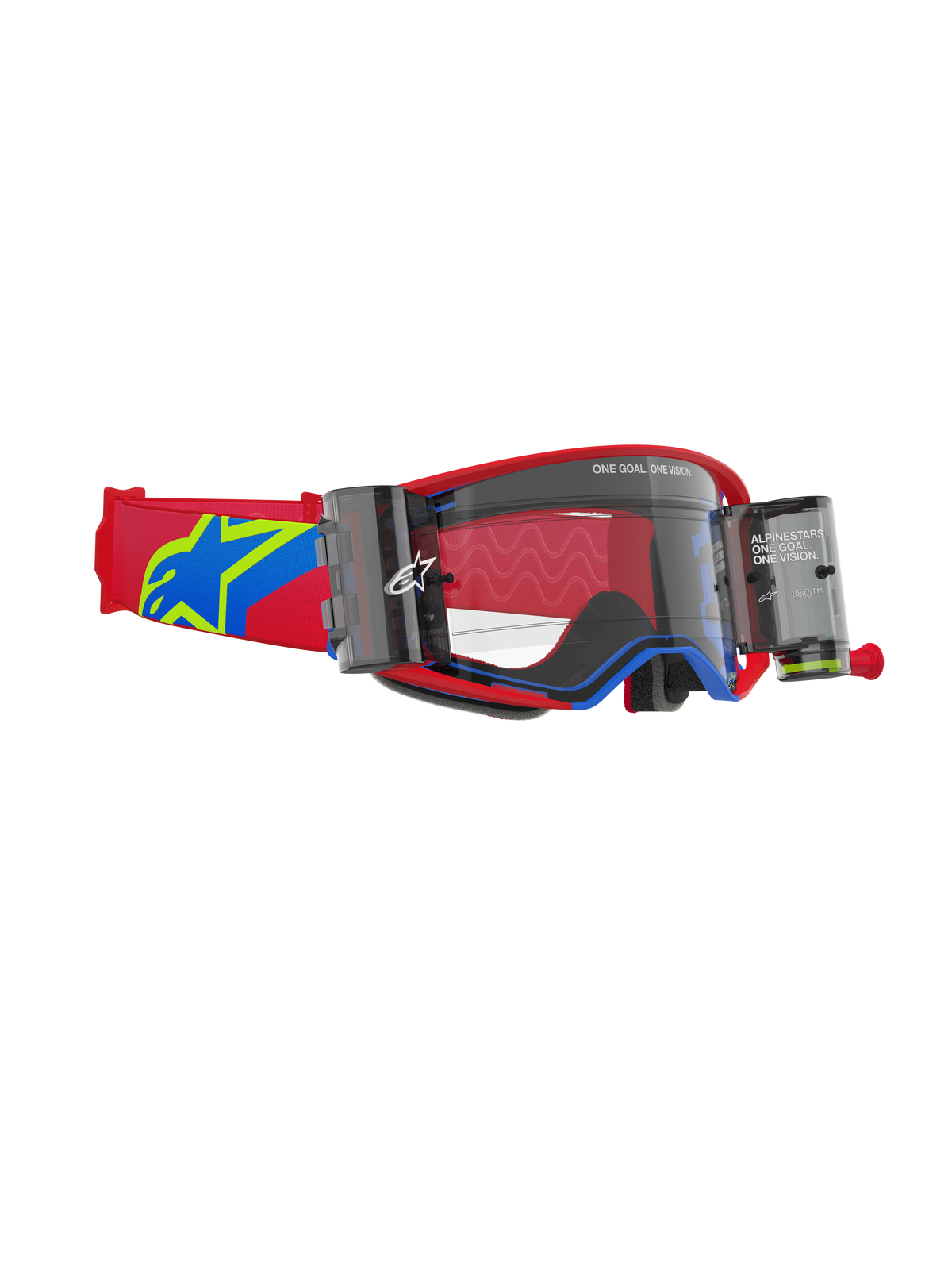 Maschere Alpinestars Supertech Corp Roll Off, maschere da motocross, montatura rossa e blu con lente trasparente, sistema Roll-Off Wide Vision integrato con doppi contenitori, cinturino regolabile rosso con logo a stella blu e giallo, protezione oculare professionale per corse fuoristrada.
