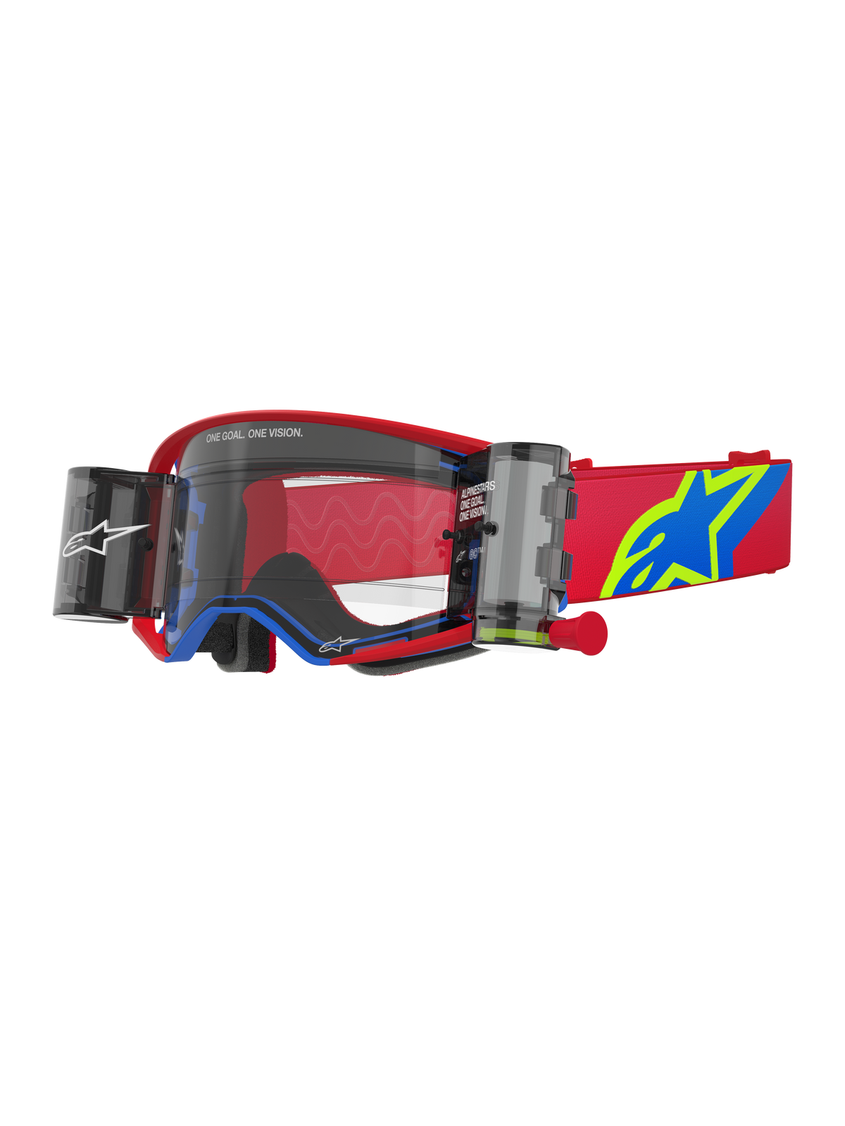 Alpinestars Supertech Corp Goggles Roll Off, occhiali da motocross, rosso e blu con lente trasparente, sistema Wide Vision Roll-Off integrato, lente trasparente stampata a iniezione, montatura rossa con dettagli blu, ampio cinturino rosso con logo a stella blu e giallo, protezione oculare professionale per gare off-road