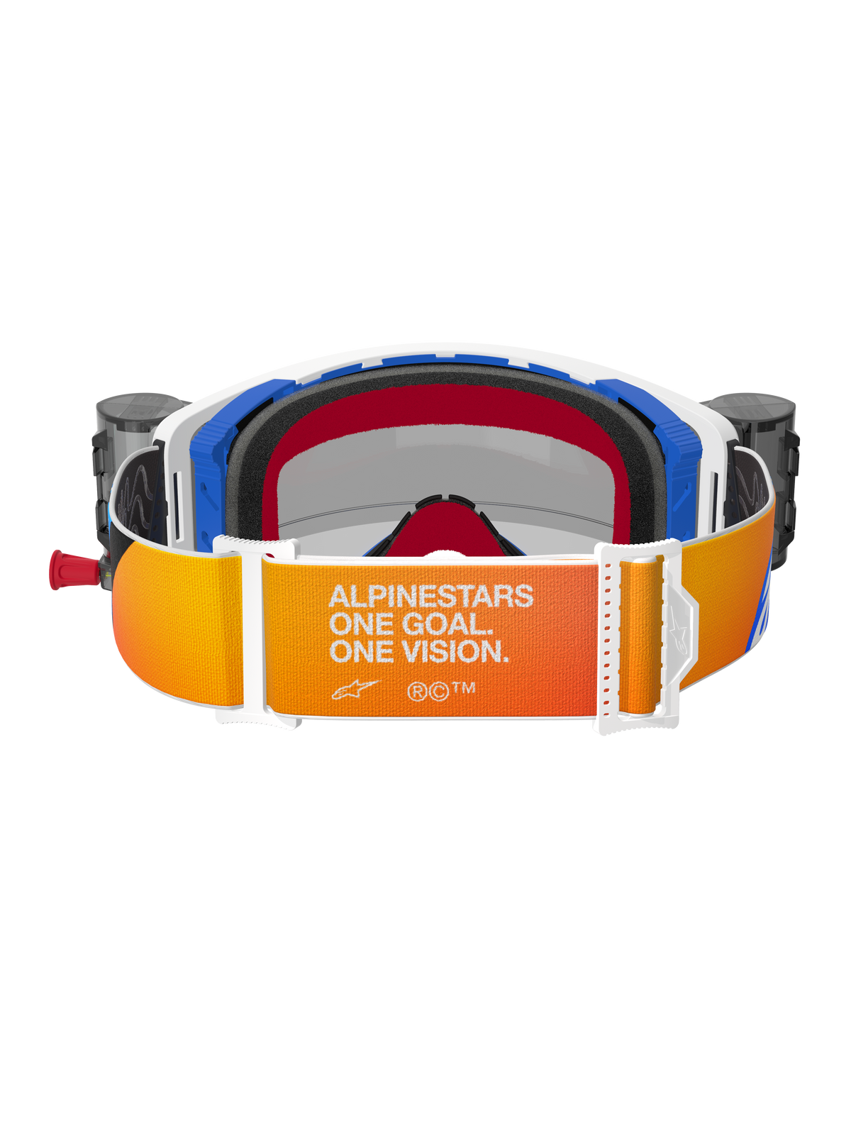 Alpinestars Supertech Corp Goggles Roll Off, vista posteriore, fascia con sfumatura arancione e gialla e scritta bianca 'Alpinestars One Goal. One Vision.', componenti del telaio blu e bianchi con schiuma facciale 3D nera, cartucce del sistema roll-off integrato visibili sui lati