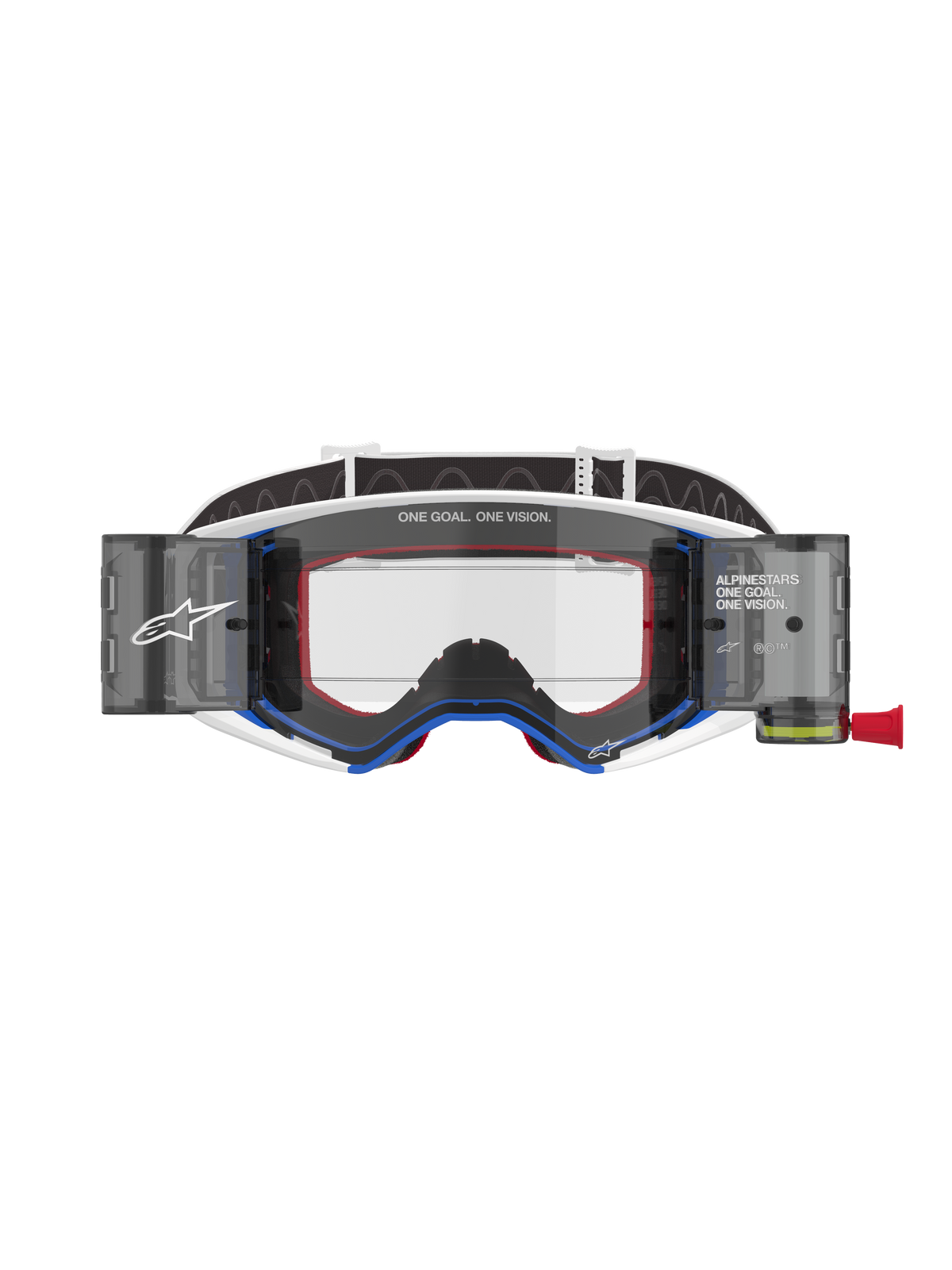 Alpinestars Supertech Corp Goggles Roll Off, maschere da motocross, montatura blu e bianca con accenti arancioni, sistema roll-off integrato a visione ampia con lente trasparente, protezione oculare professionale per fuoristrada con marchio Alpinestars e scritta "One Goal. One Vision."