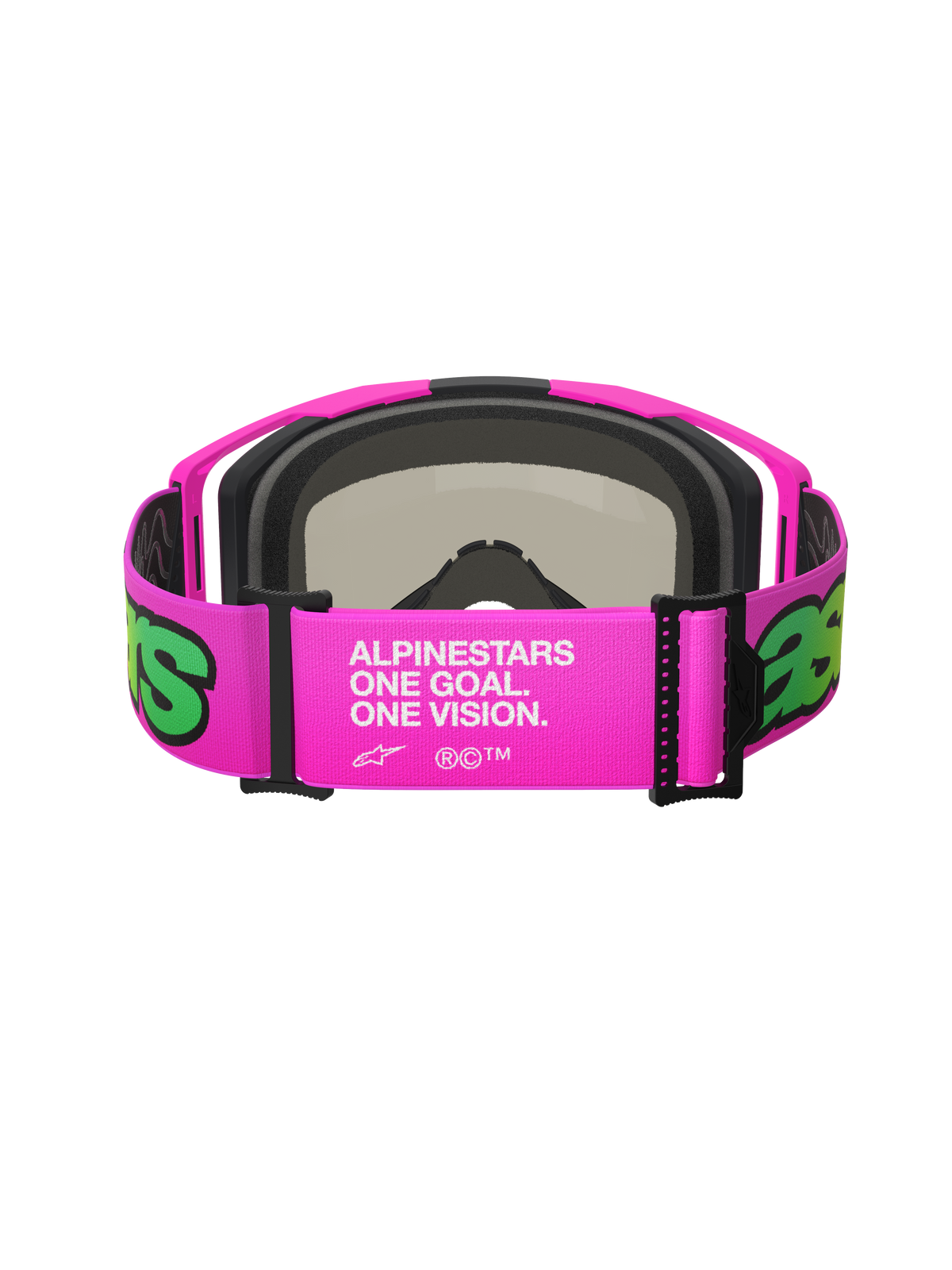 Maschera Alpinestars Vision 8 Vista, maschera da motocross, rosa e giallo fluo, vista posteriore dell'ampia fascia regolabile con branding bianco 'One Goal. One Vision.', montatura rosa con schiuma facciale nera, occhiali off-road ad alte prestazioni