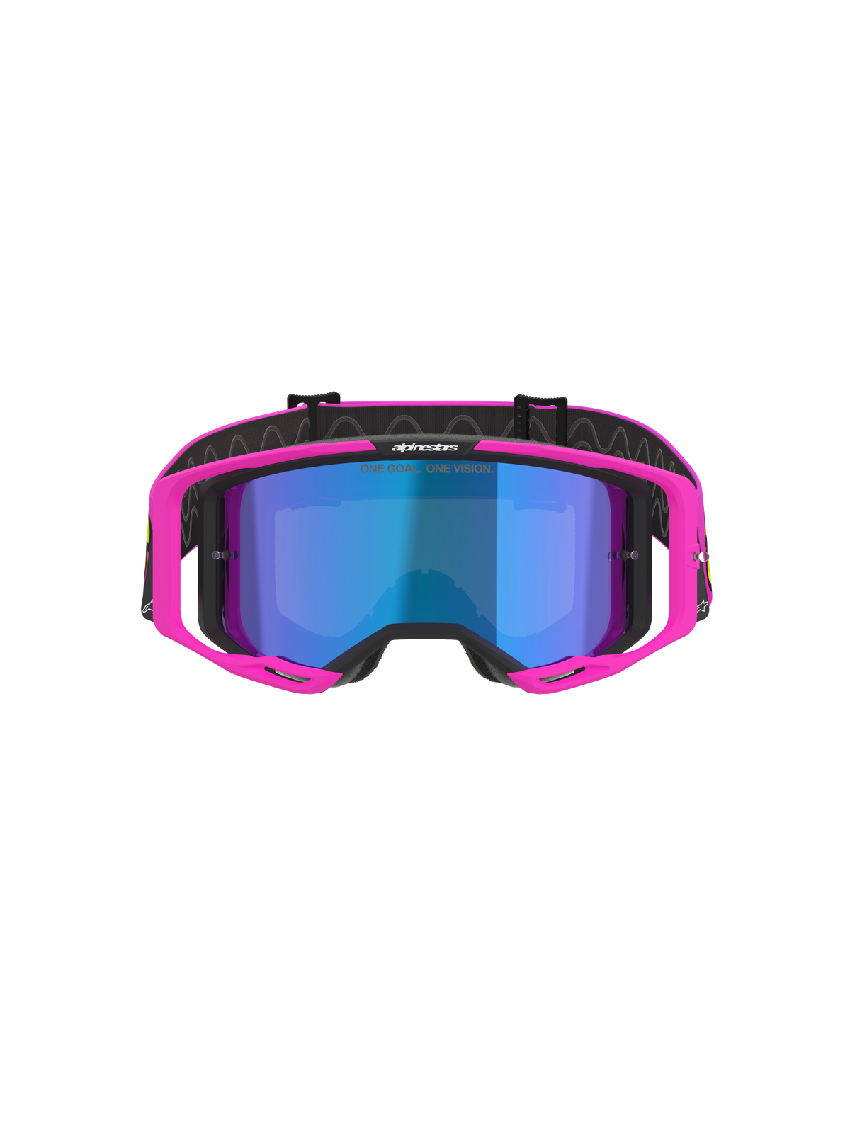 Alpinestars Vision 8 Vista Goggles, maschere da motocross, rosa fluo e giallo fluo con lente blu specchiata, montatura rosa vivace, lente blu specchiata, fascia nera con branding 'ONE GOAL. ONE VISION.', occhiali professionali per competizioni fuoristrada