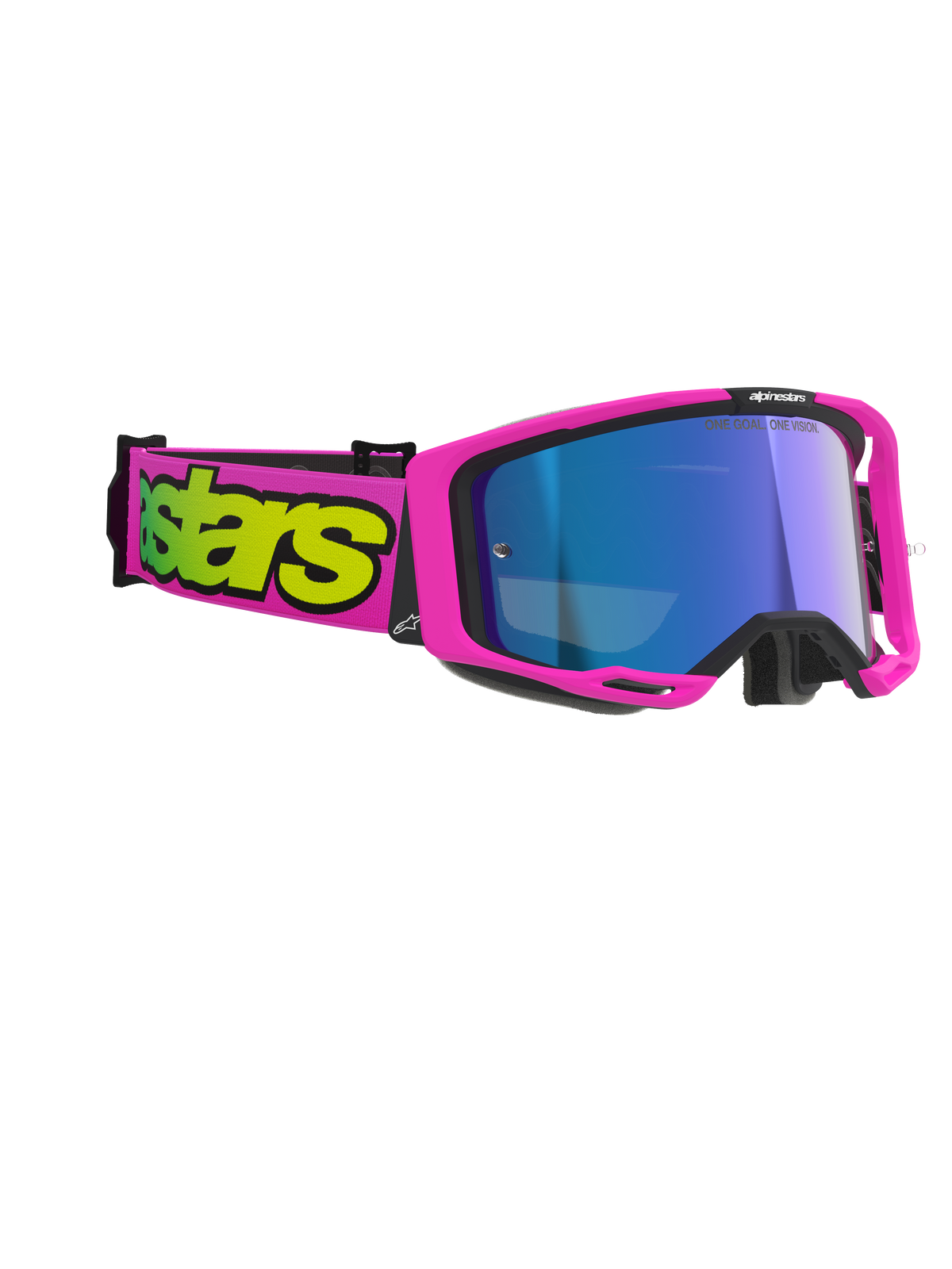Alpinestars maschere Vision 8 Vista, occhiali da motocross, rosa fluo e giallo fluo con lente blu specchiata, montatura e fascia rosa vibrante con branding giallo vivace, protezione oculare professionale per fuoristrada