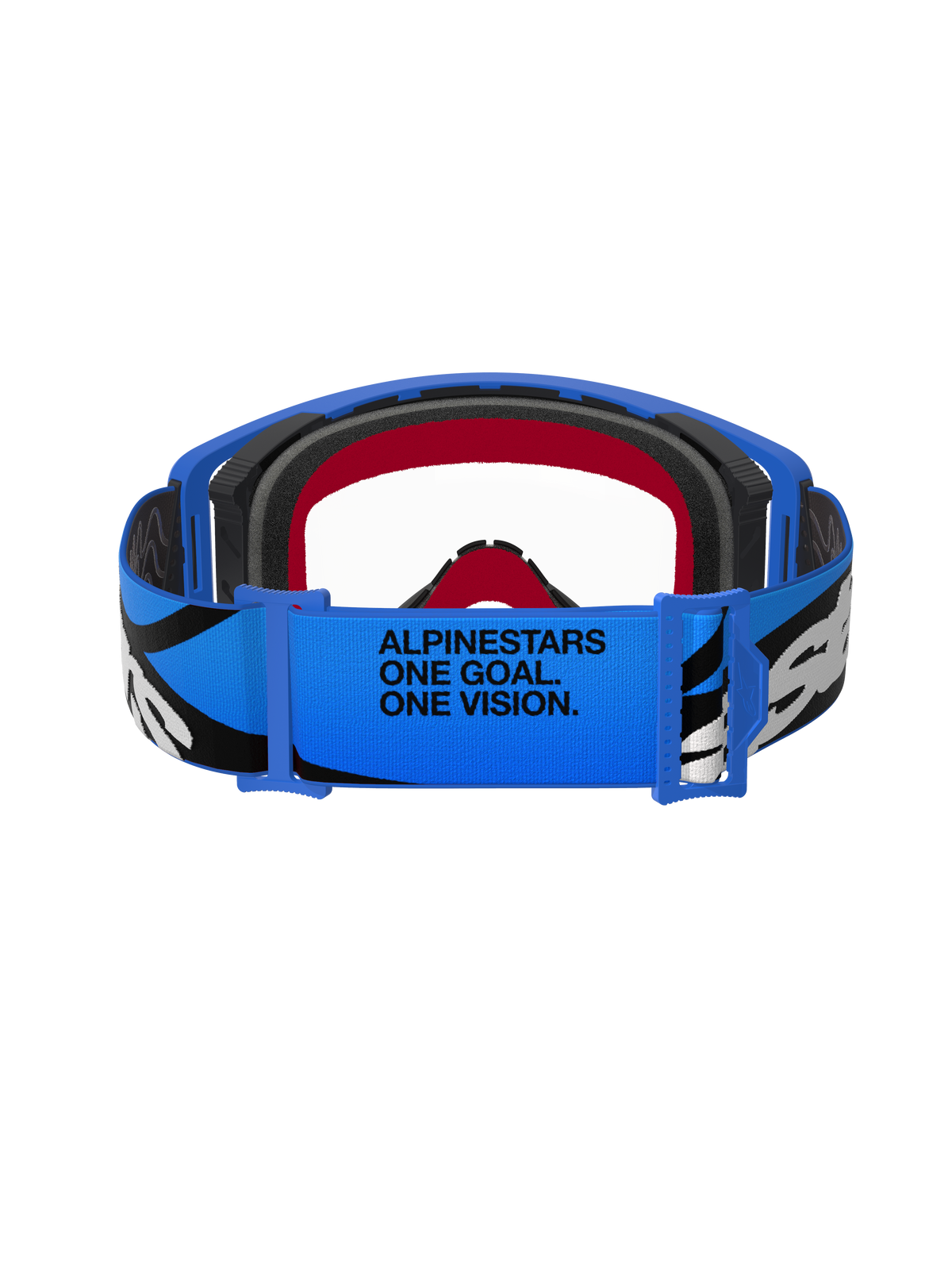 Occhiali Alpinestars Supertech Stream, occhiali da motocross, blu e trasparenti, vista posteriore della fascia blu con testo "ALPINESTARS ONE GOAL. ONE VISION.", grafiche in bianco e nero e imbottitura in spugna rossa e nera