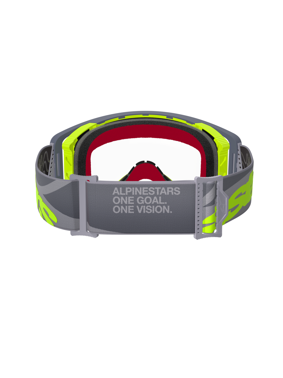Occhiali Alpinestars Supertech Stream, occhiali da motocross, grigio e giallo fluo, vista posteriore che mostra la fascia grigia regolabile con testo 'ONE GOAL. ONE VISION.', lente trasparente e schiuma facciale multistrato, attrezzatura professionale per corse off-road
