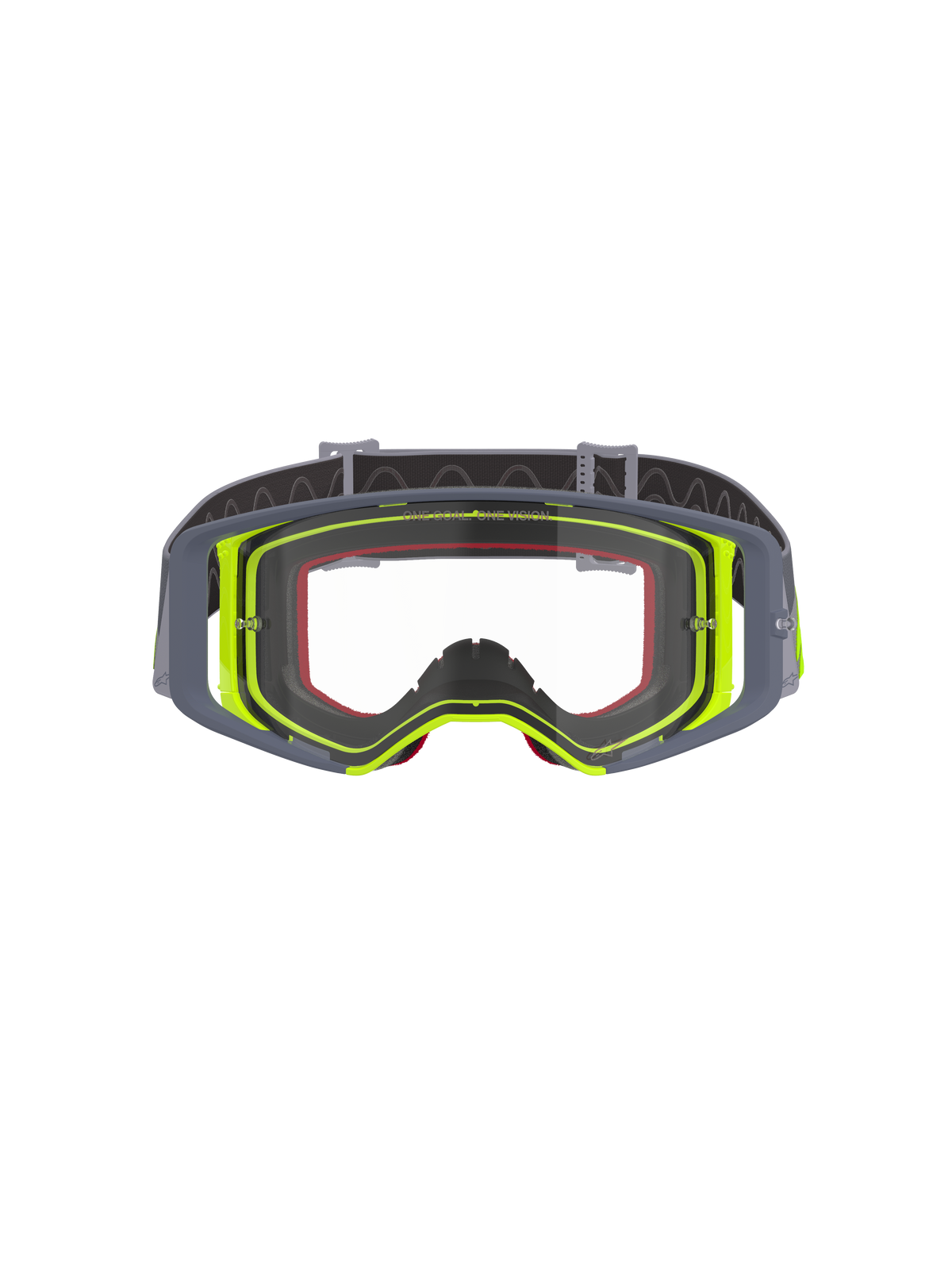 Maschera Alpinestars Supertech Stream, maschera da motocross, montatura grigia e giallo fluorescente con lente trasparente, vista frontale che mostra il design a visione ampia e la struttura tecnica della montatura, protezione per gli occhi per gare fuoristrada