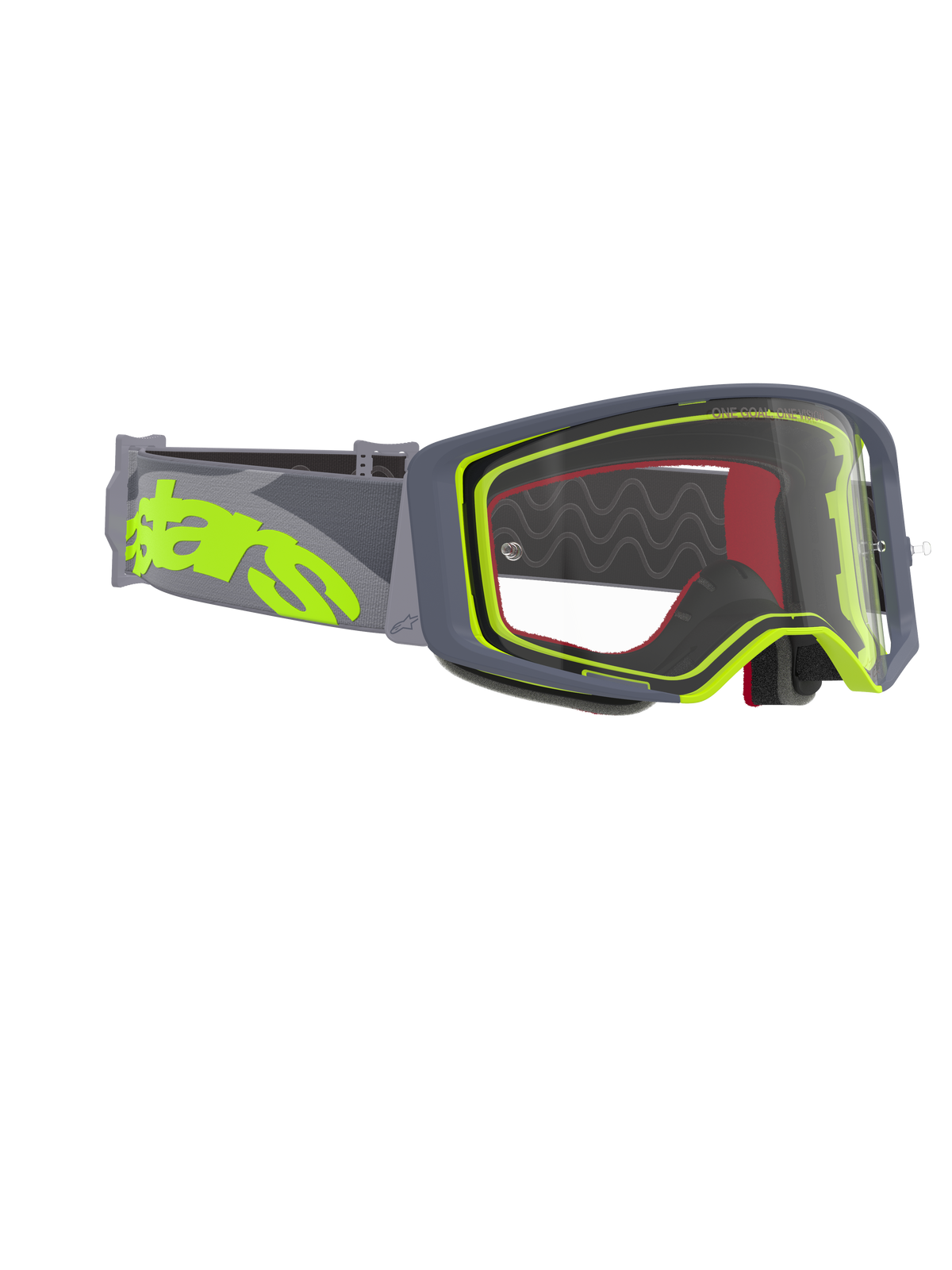 Alpinestars Supertech Stream Goggles, occhiali da motocross, montatura grigia e giallo fluo con lente trasparente, caratterizzati da un'ampia fascia grigia con un grande logo giallo fluo, progettati per prestazioni nel motocross e nel fuori strada