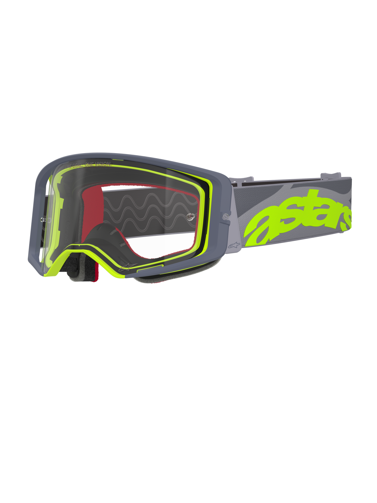 Alpinestars Supertech Stream Goggles, occhiali da motocross, grigio e giallo fluo, lente trasparente con montatura grigia, spugna interna rossa, ampio elastico grigio con vistoso marchio astars giallo neon, occhiali professionali per corse off-road
