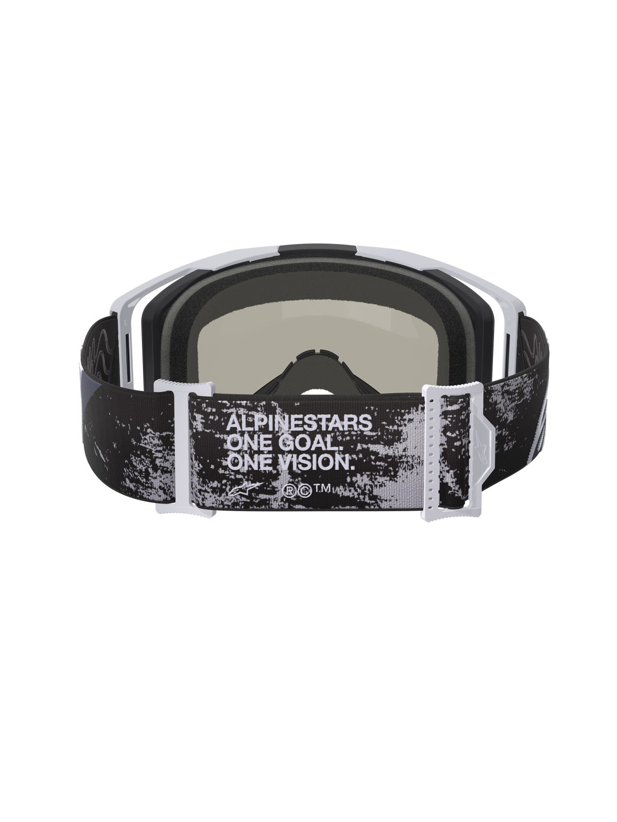 Maschera Alpinestars Vision 8 Lahnd, occhiali da motocross, Iron Camo e Mirror Silver, vista posteriore con fascia regolabile e scritta 'ONE GOAL. ONE VISION.', motivo mimetico con dettagli bianchi e grigi sulla montatura