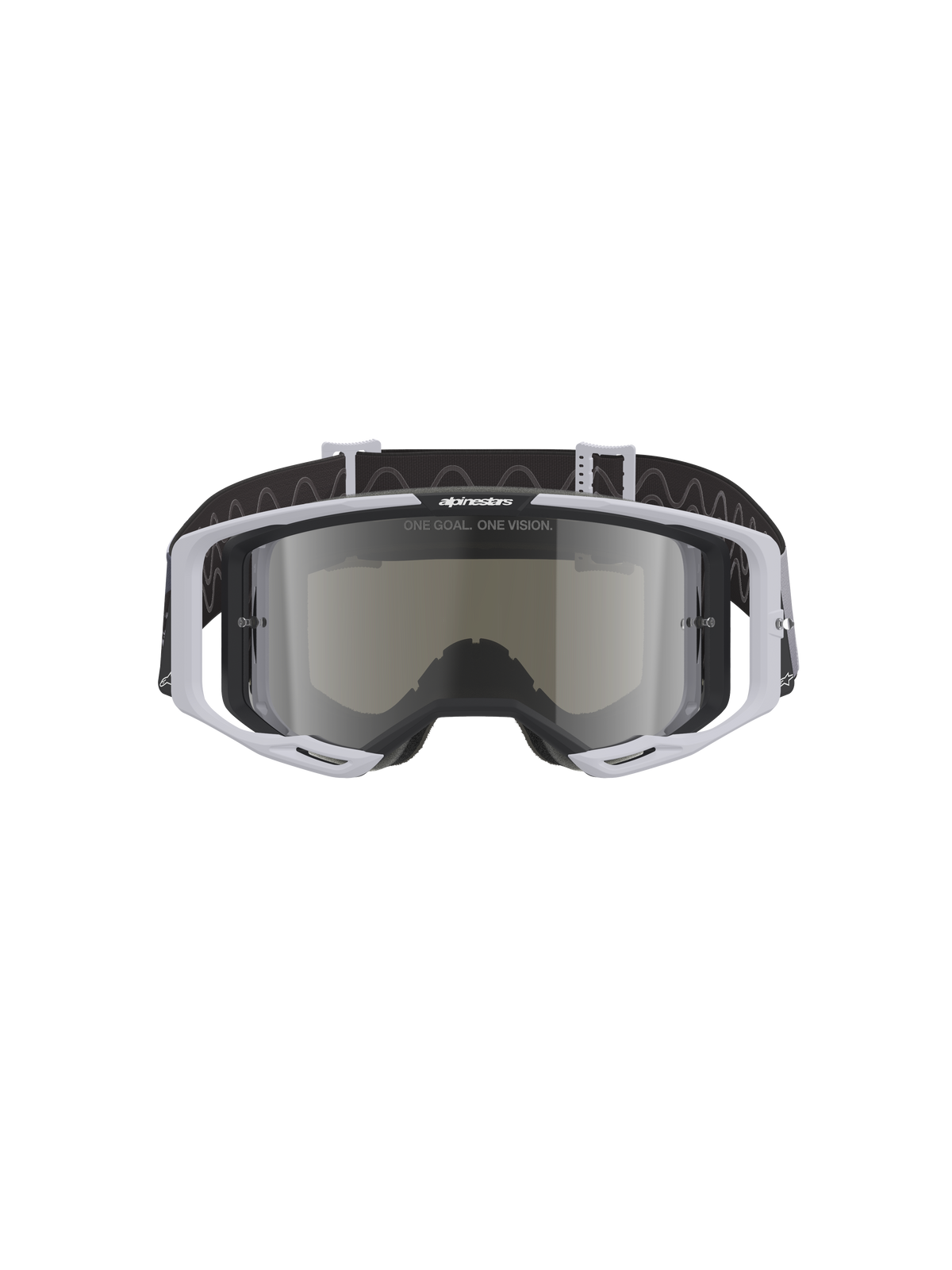 Alpinestars Vision 8 Lahnd Goggles, maschera da motocross, Iron Camo Mirror Silver, montatura grigio chiaro con lente argento specchiata, fascia nera con motivo ondulato, occhiali professionali per gare fuoristrada e motocross