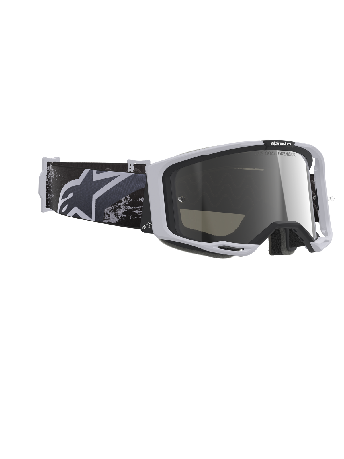 Alpinestars Vision 8 Lahnd Goggles, maschera da motocross, Iron Camo Mirror Silver, montatura grigio chiaro con lente argento a specchio, fascia mimetica nera e grigia con logo Alpinestars bianco, protezione oculare ad alte prestazioni per il fuoristrada