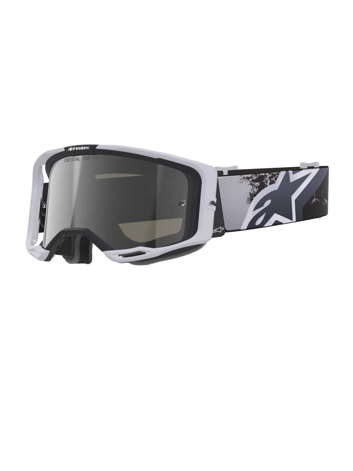 Maschera Alpinestars Vision 8 Lahnd, maschera da motocross, Iron Camo Mirror Silver, montatura bianca con lente specchiata argento, fascia mimetica in scala di grigi con grande logo a stella bianco, occhiali ad alte prestazioni per gare fuoristrada