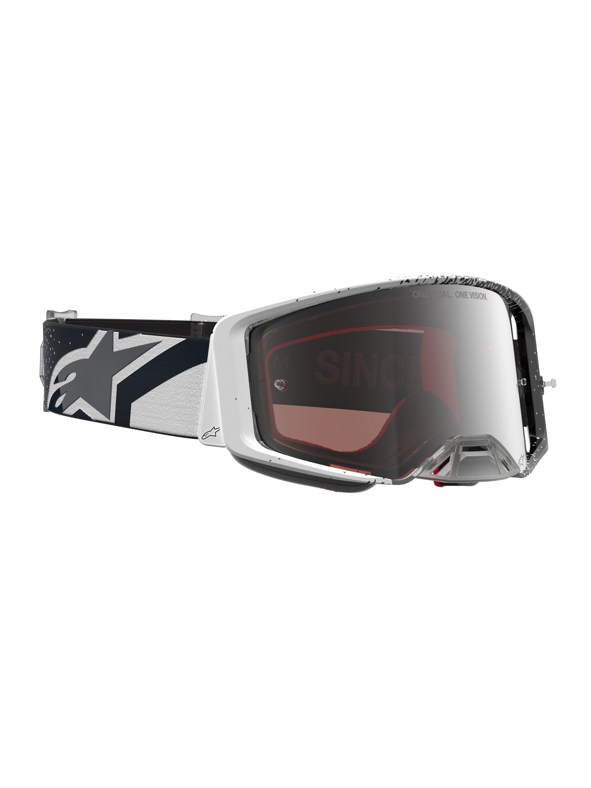 Alpinestars Maschere Supertech Hiten, maschere da motocross bianche e nere, lente argento a specchio, cinturino con logo a stella.