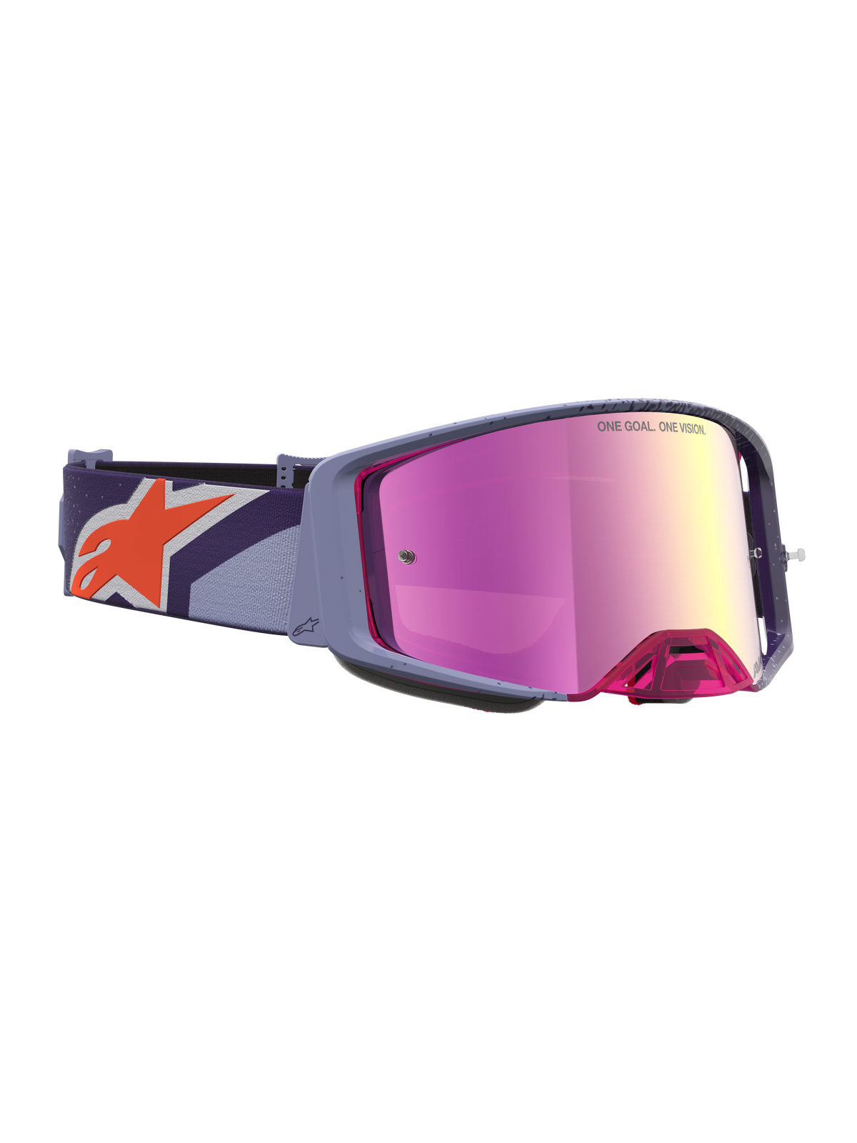 Alpinestars Maschere Supertech Hiten, maschere motocross viola con lente rosa specchiata e logo arancione sul cinturino.